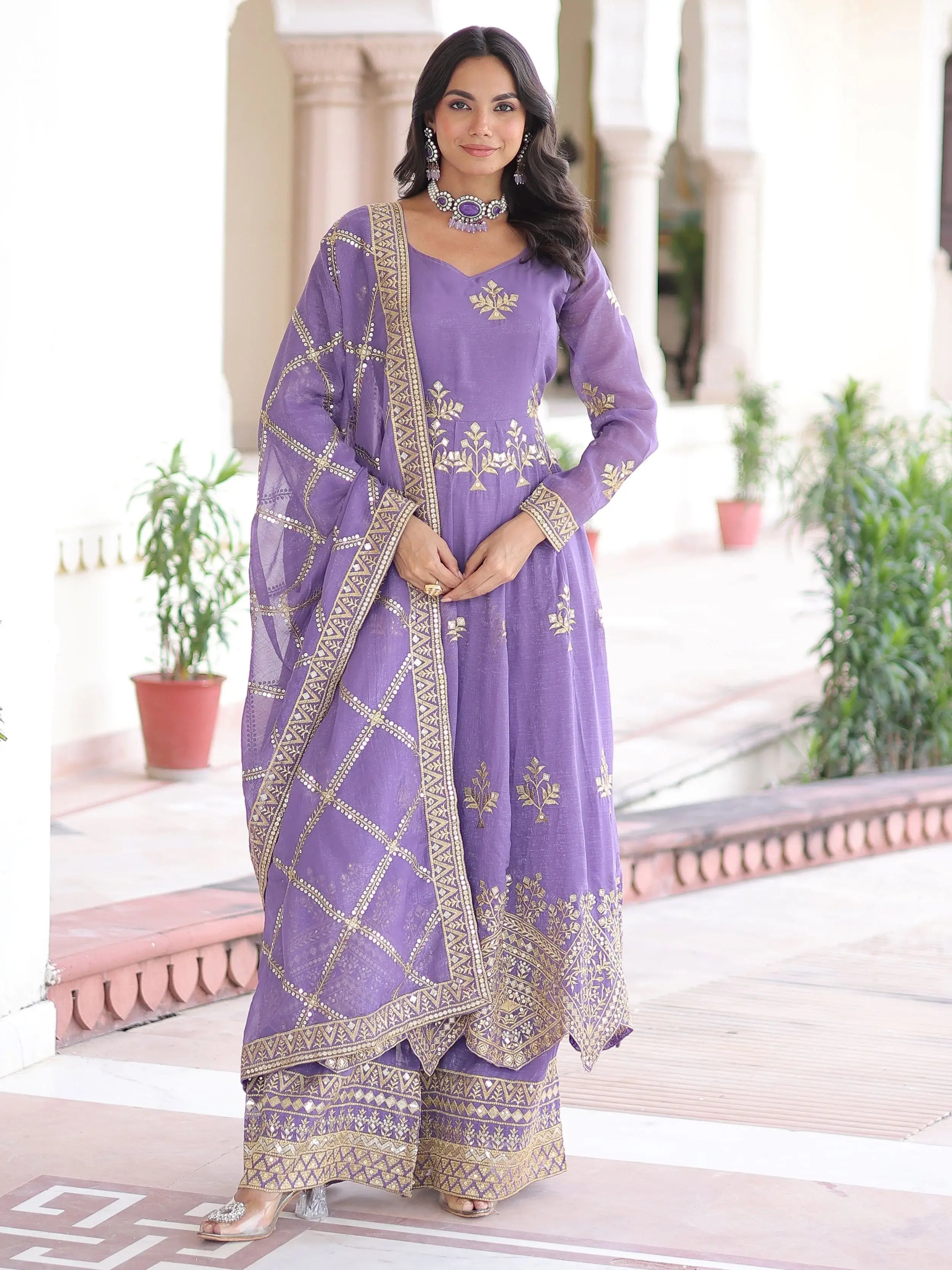 Wonderful Lavender Embroidered Organza Festive Wear Salwar Suit