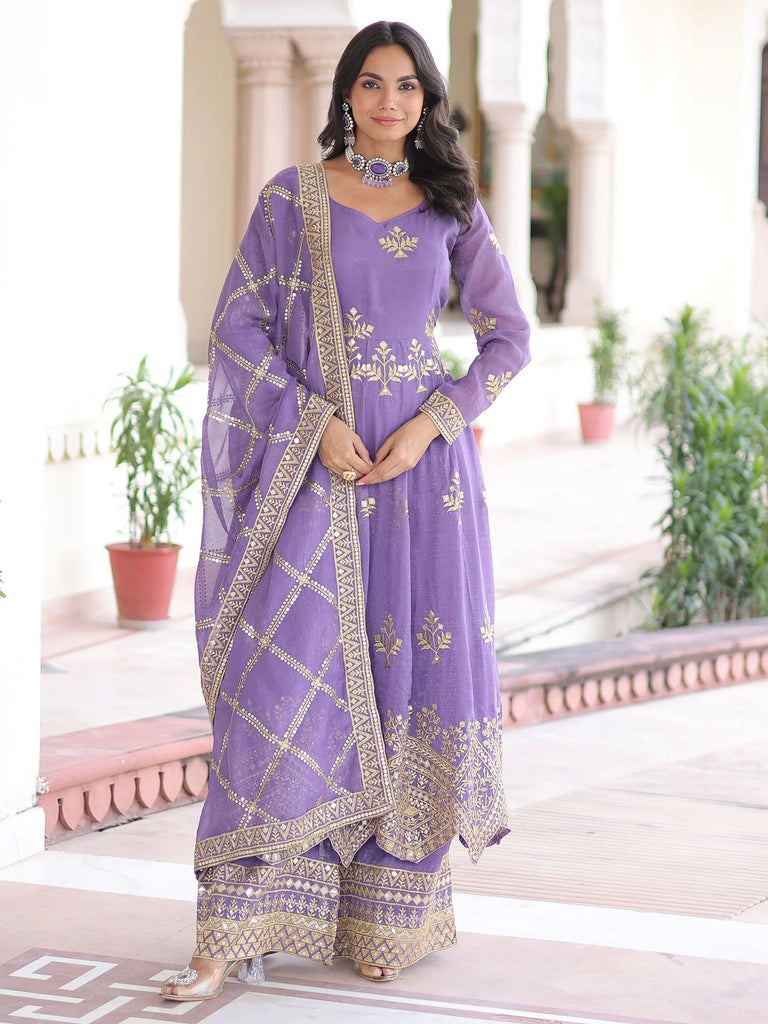 Wonderful Lavender Embroidered Organza Festive Wear Salwar Suit