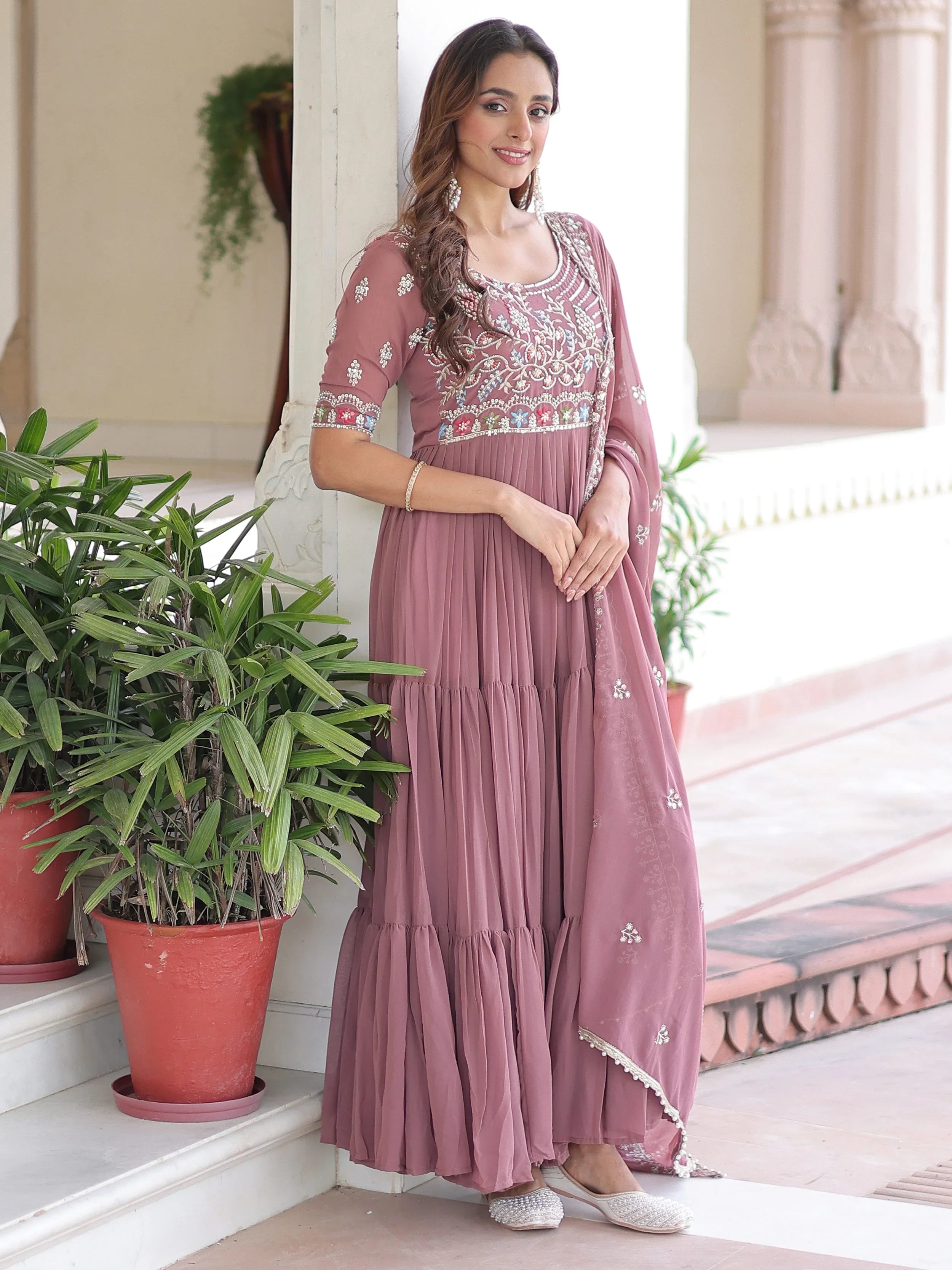 Fantastic Peach Sequins Georgette Festive Wear Gown With Dupatta 