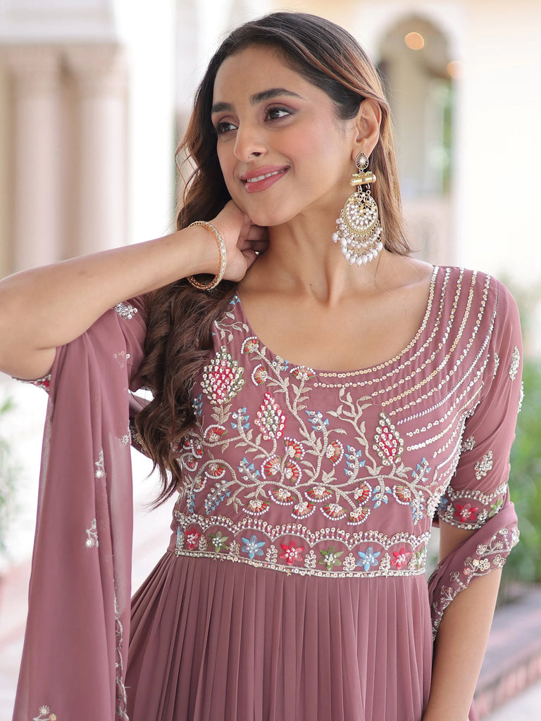 Fantastic Peach Sequins Georgette Festive Wear Gown With Dupatta 