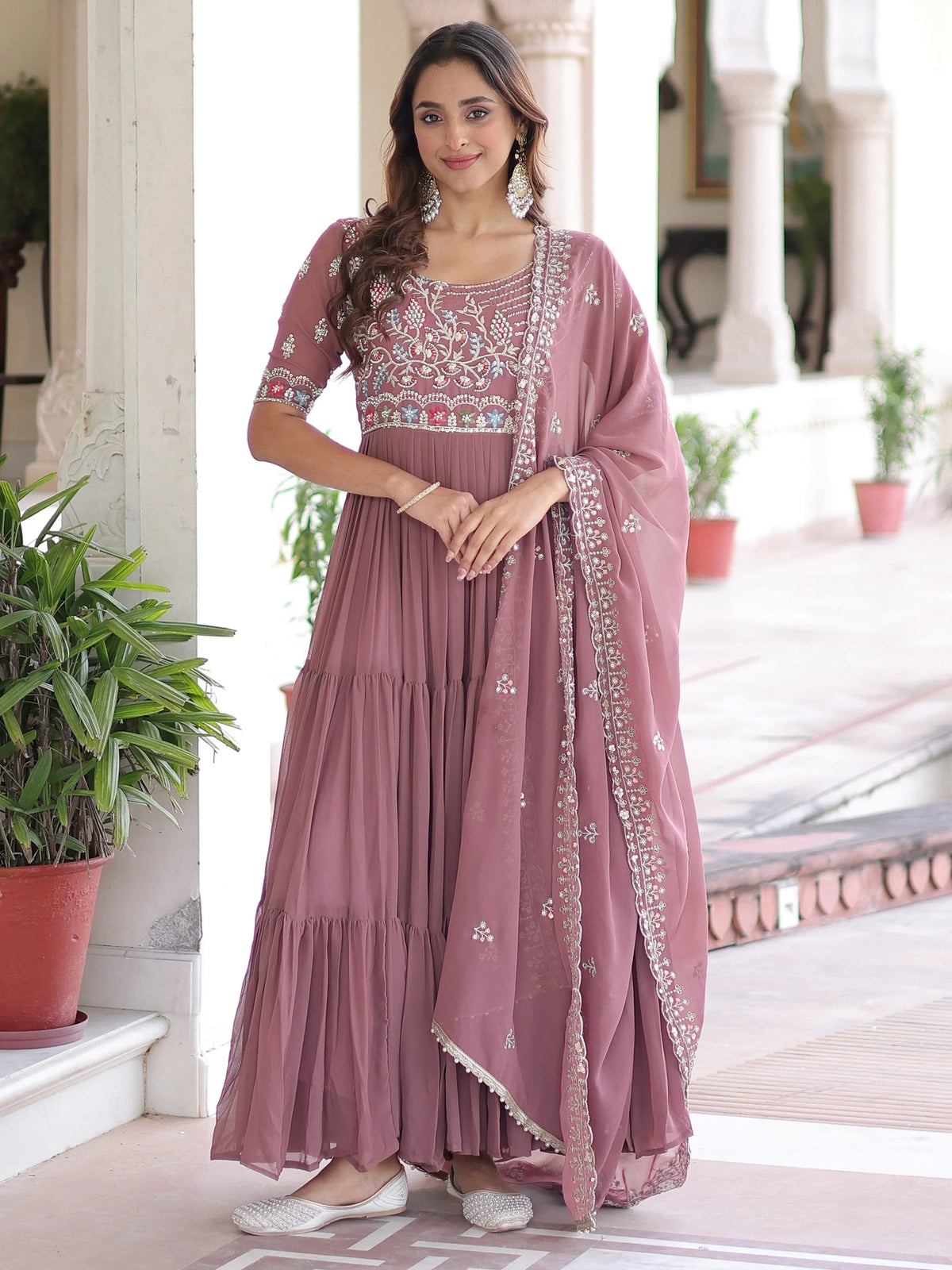 Fantastic Peach Sequins Georgette Festive Wear Gown With Dupatta 