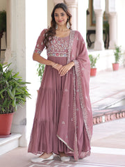 Fantastic Peach Sequins Georgette Festive Wear Gown With Dupatta 