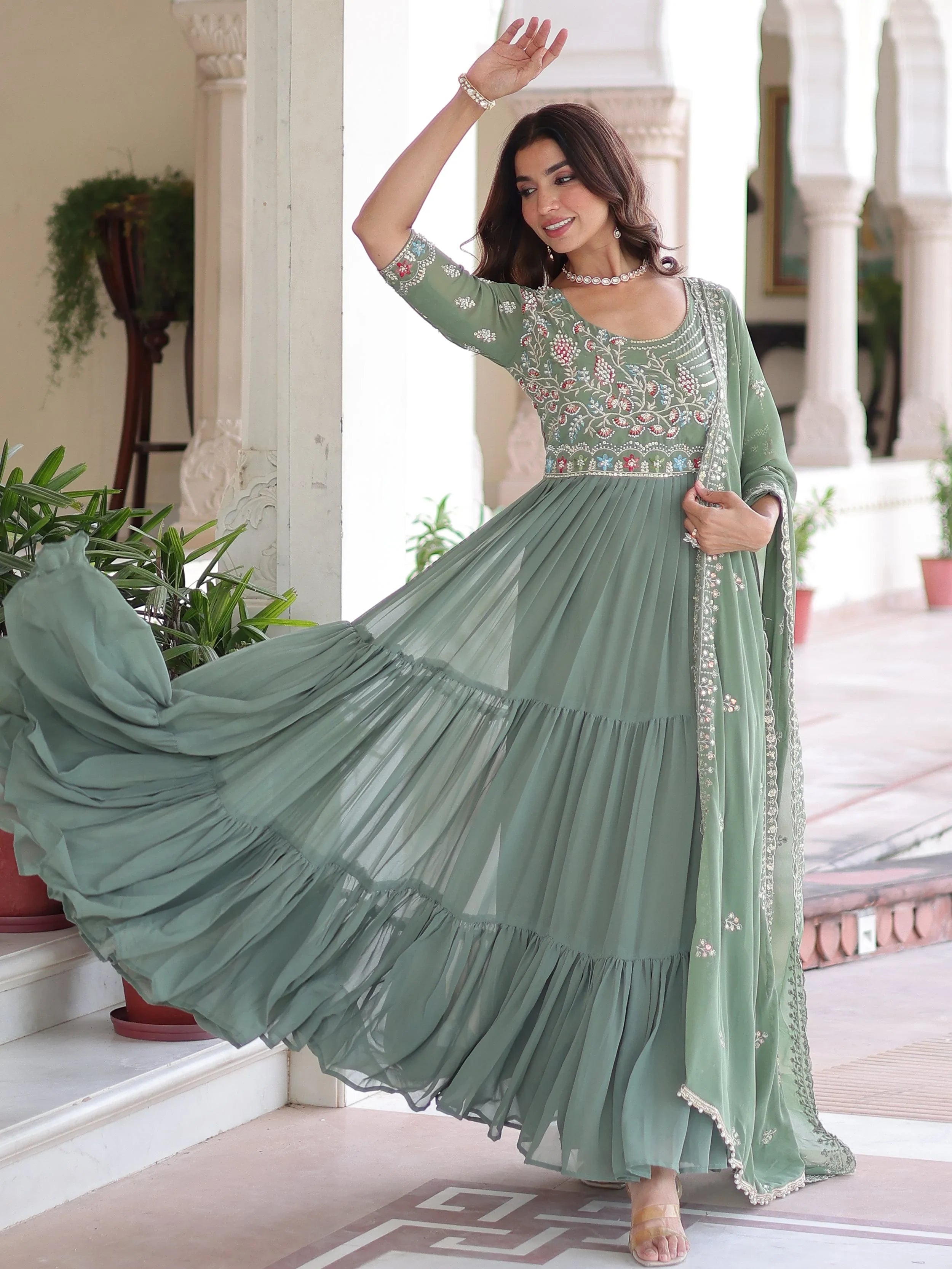 Fabulous Green Sequins Georgette Festive Wear Gown With Dupatta 