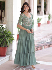 Fabulous Green Sequins Georgette Festive Wear Gown With Dupatta 