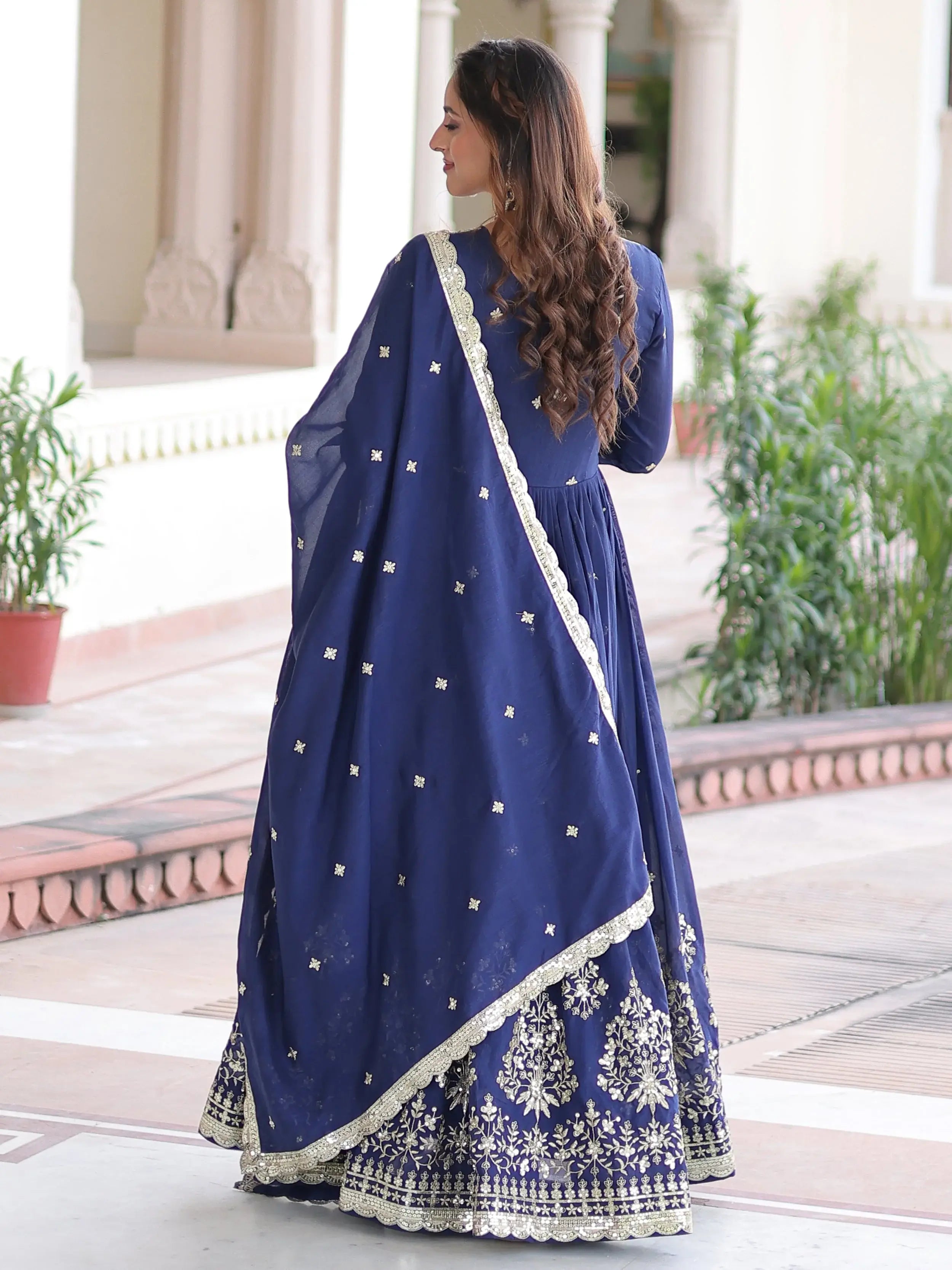 Gorgeous Blue Embroidered Silk Festival Wear Gown With Dupatta