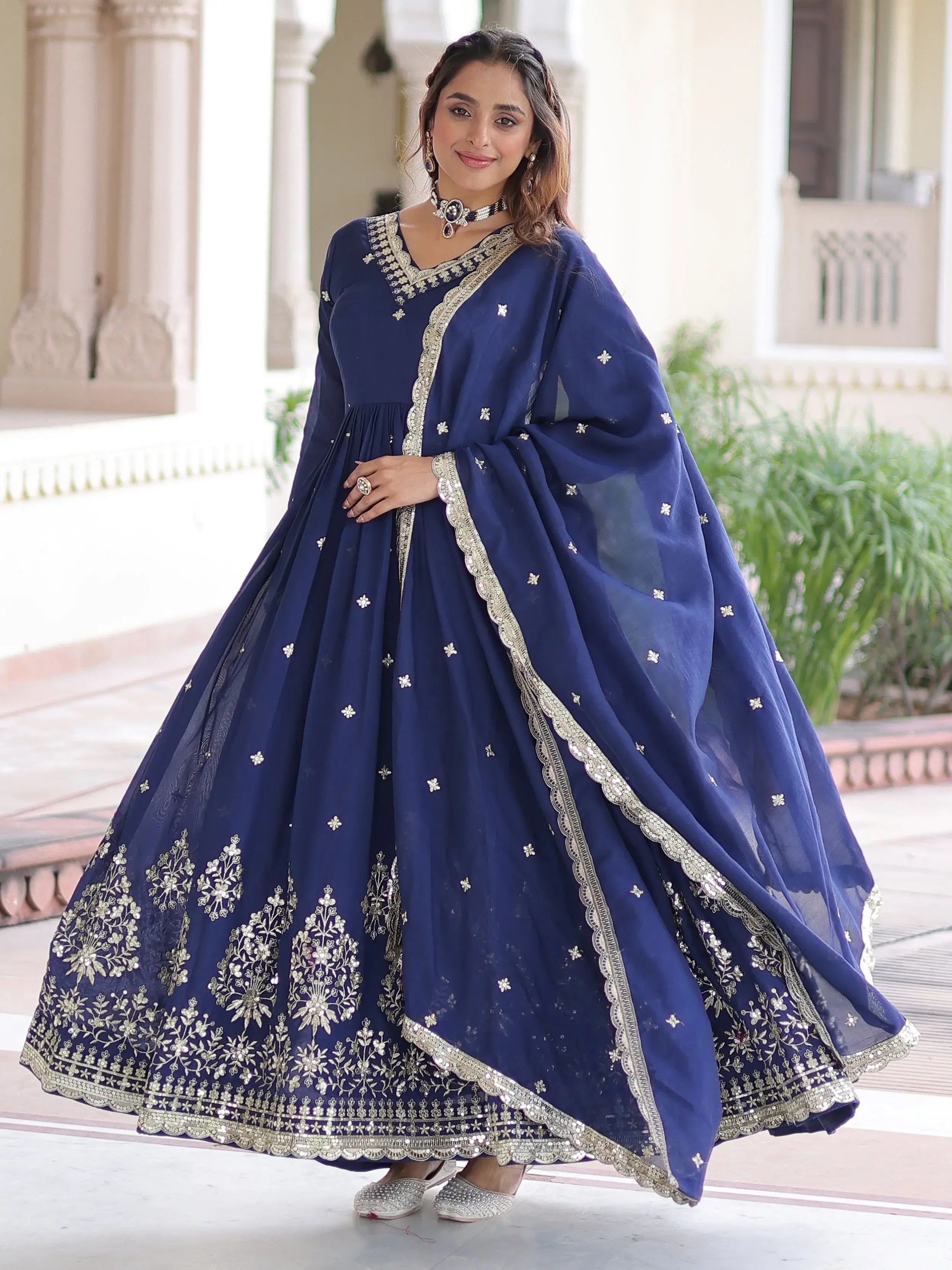 Gorgeous Blue Embroidered Silk Festival Wear Gown With Dupatta