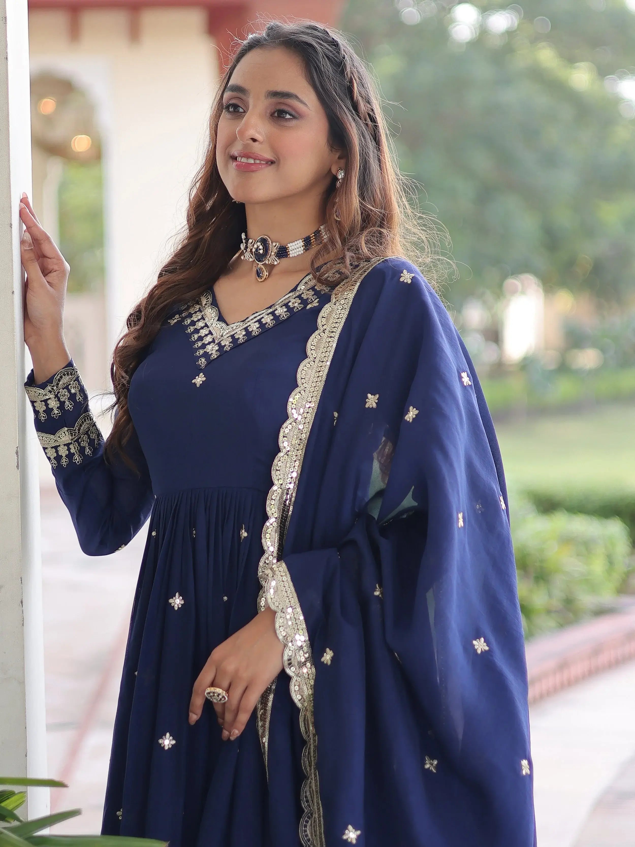 Gorgeous Blue Embroidered Silk Festival Wear Gown With Dupatta