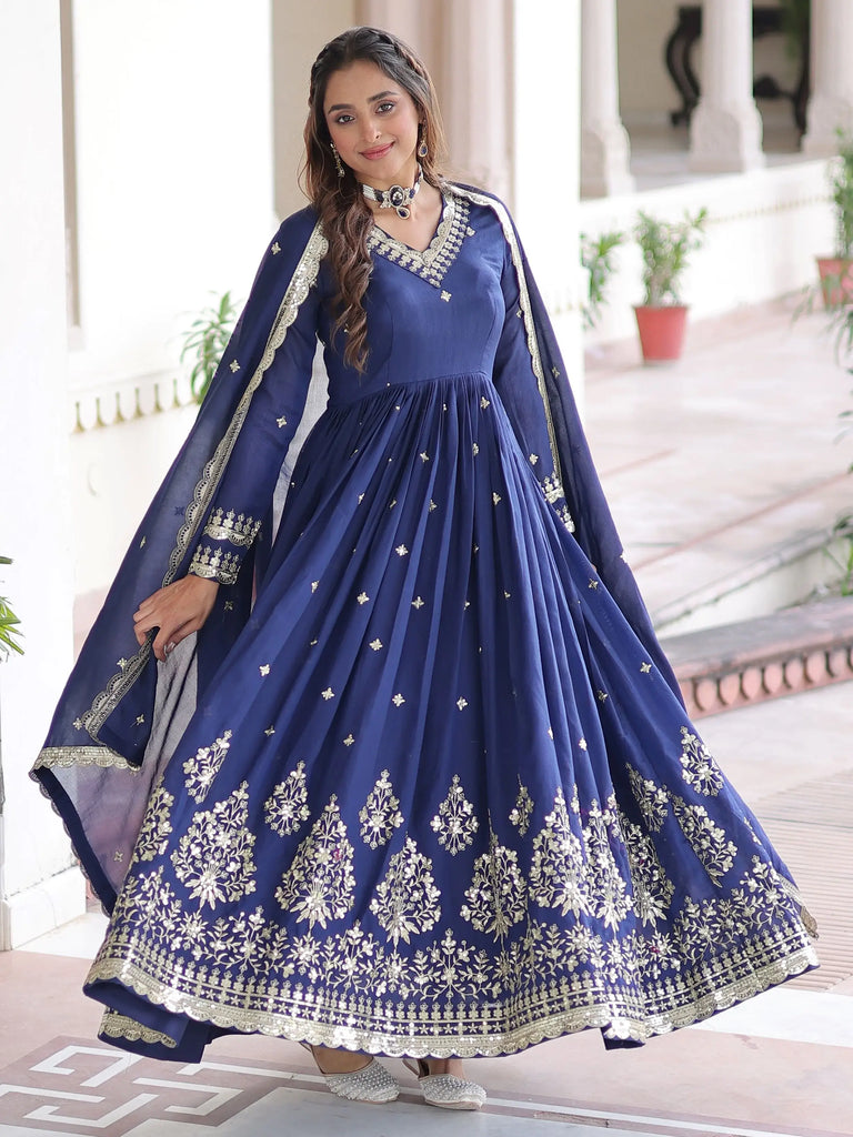 Gorgeous Blue Embroidered Silk Festival Wear Gown With Dupatta