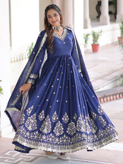 Gorgeous Blue Embroidered Silk Festival Wear Gown With Dupatta