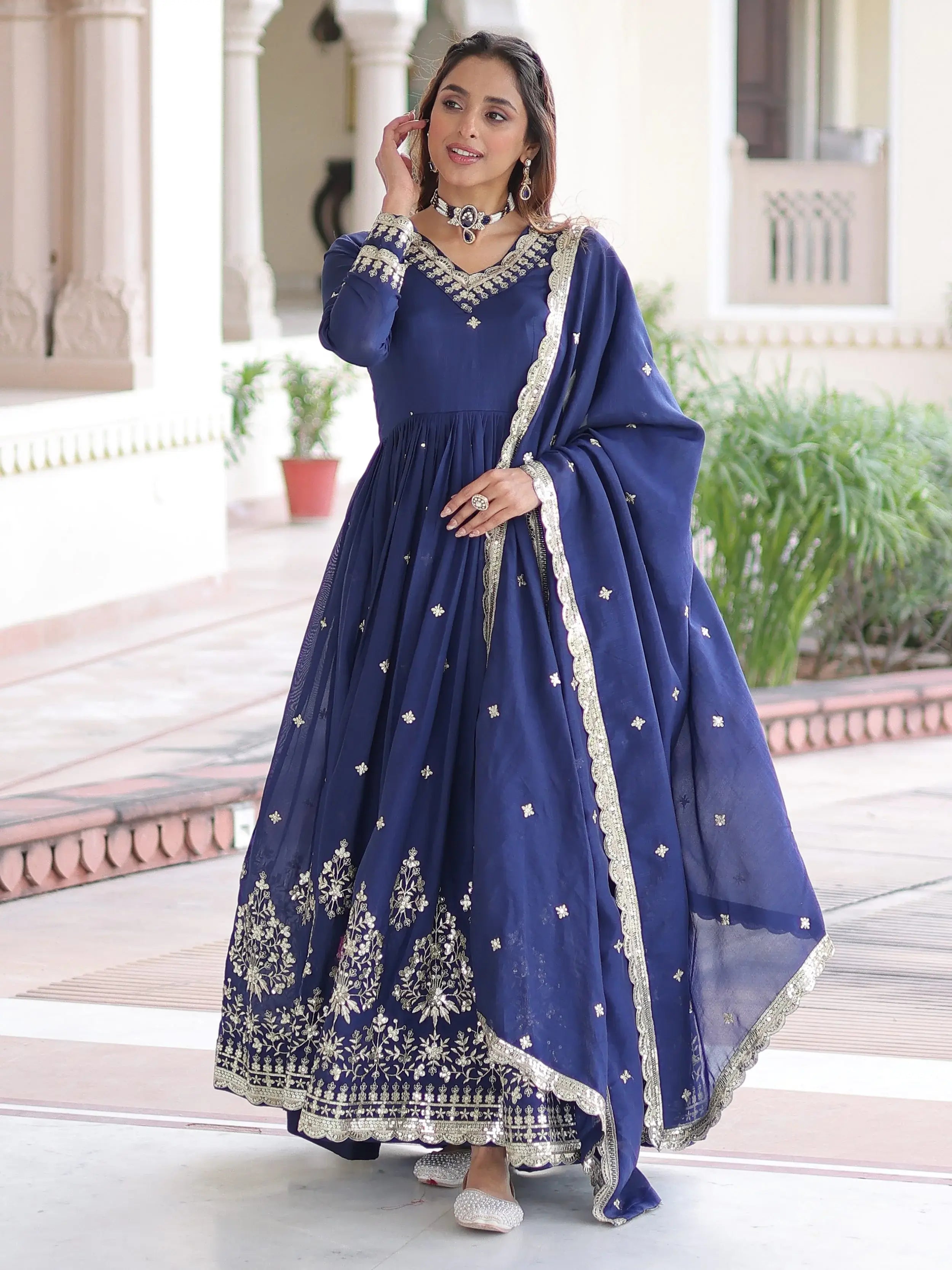 Gorgeous Blue Embroidered Silk Festival Wear Gown With Dupatta