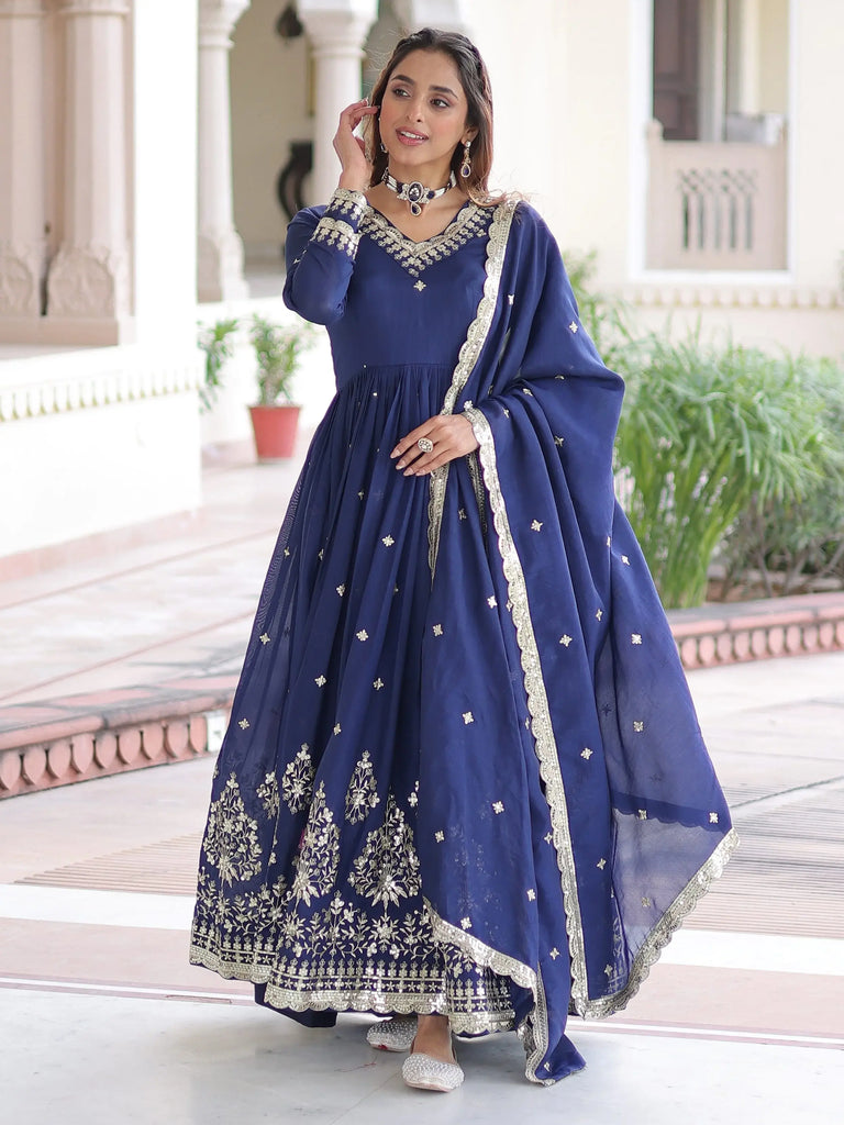 Gorgeous Blue Embroidered Silk Festival Wear Gown With Dupatta
