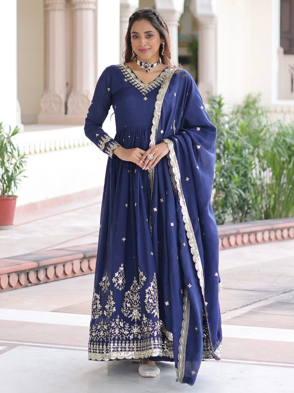 Gorgeous Blue Embroidered Silk Festival Wear Gown With Dupatta