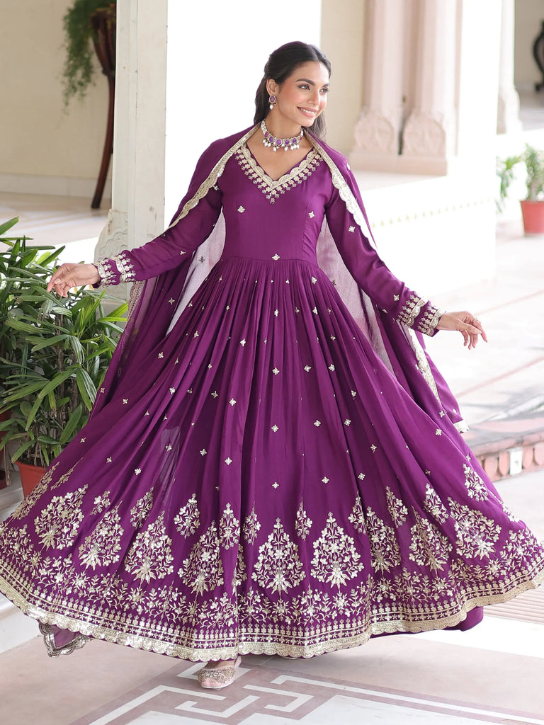 Elegant Purple Embroidered Silk Wedding Wear Gown With Dupatta