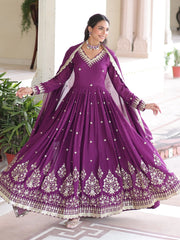 Elegant Purple Embroidered Silk Wedding Wear Gown With Dupatta