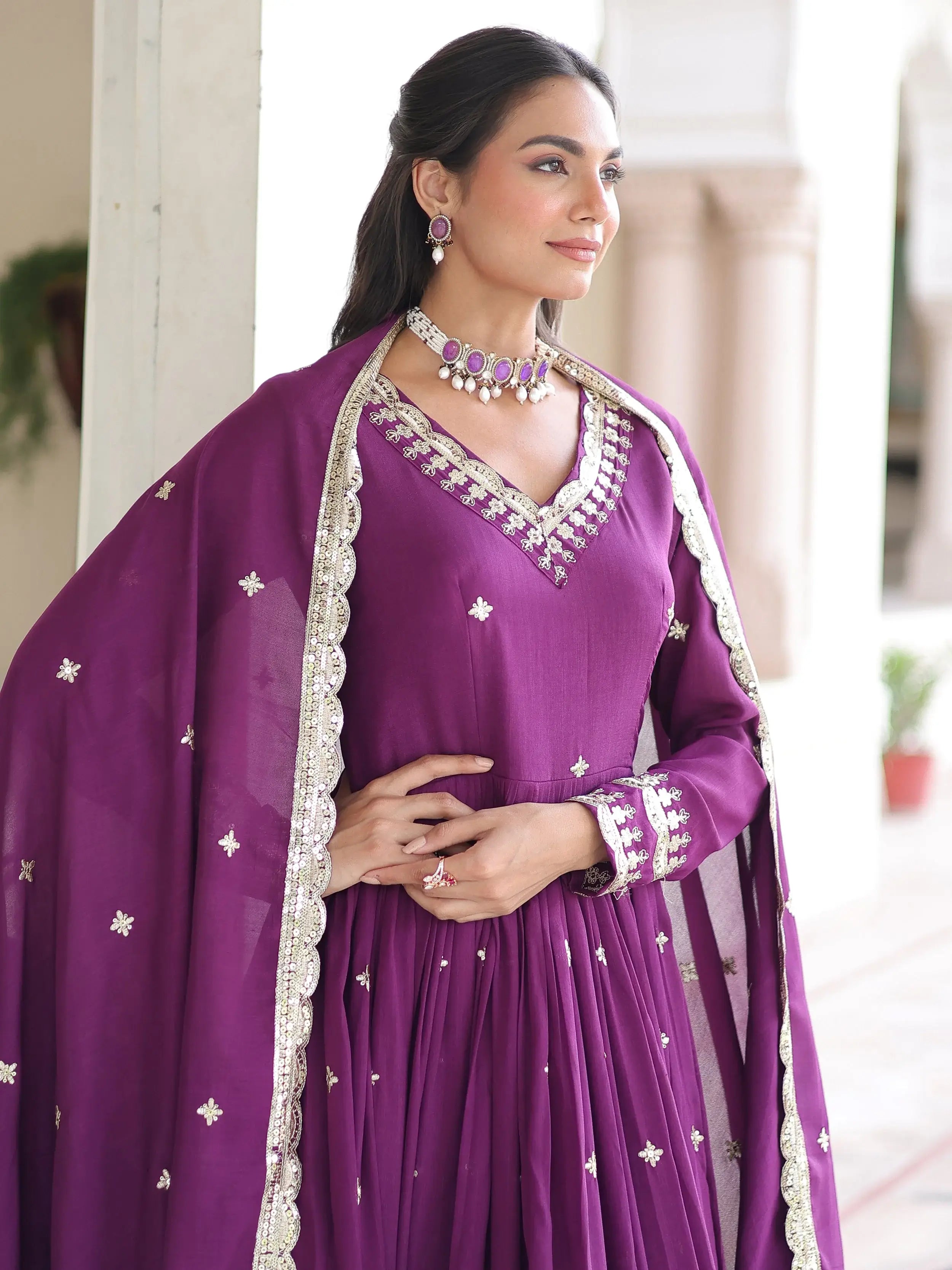 Elegant Purple Embroidered Silk Wedding Wear Gown With Dupatta