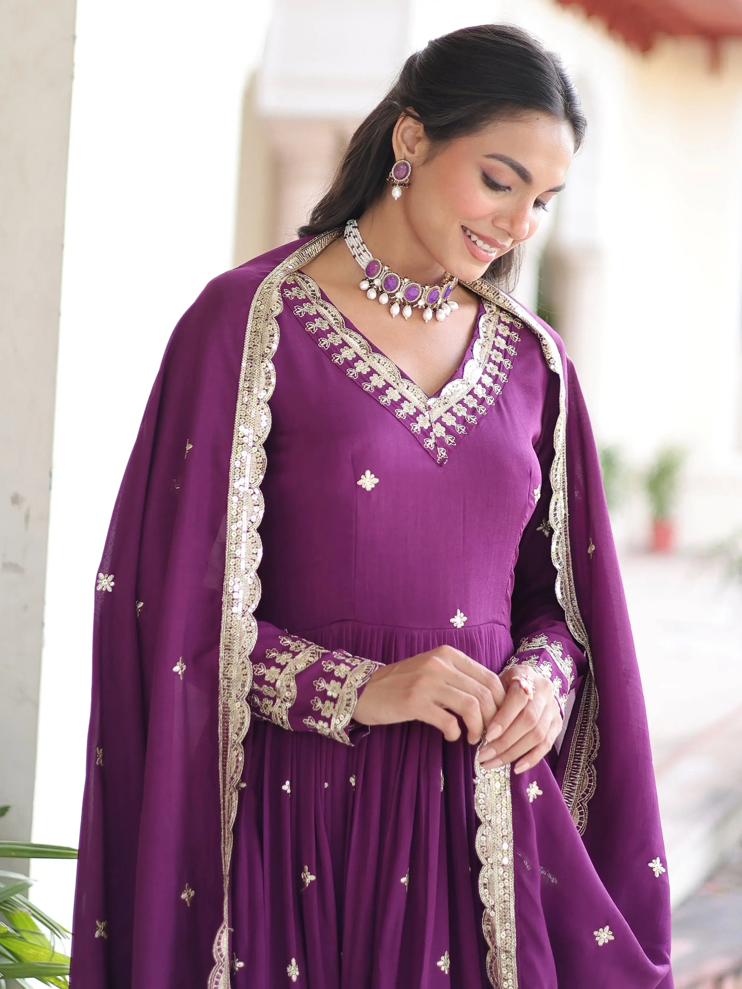 Elegant Purple Embroidered Silk Wedding Wear Gown With Dupatta