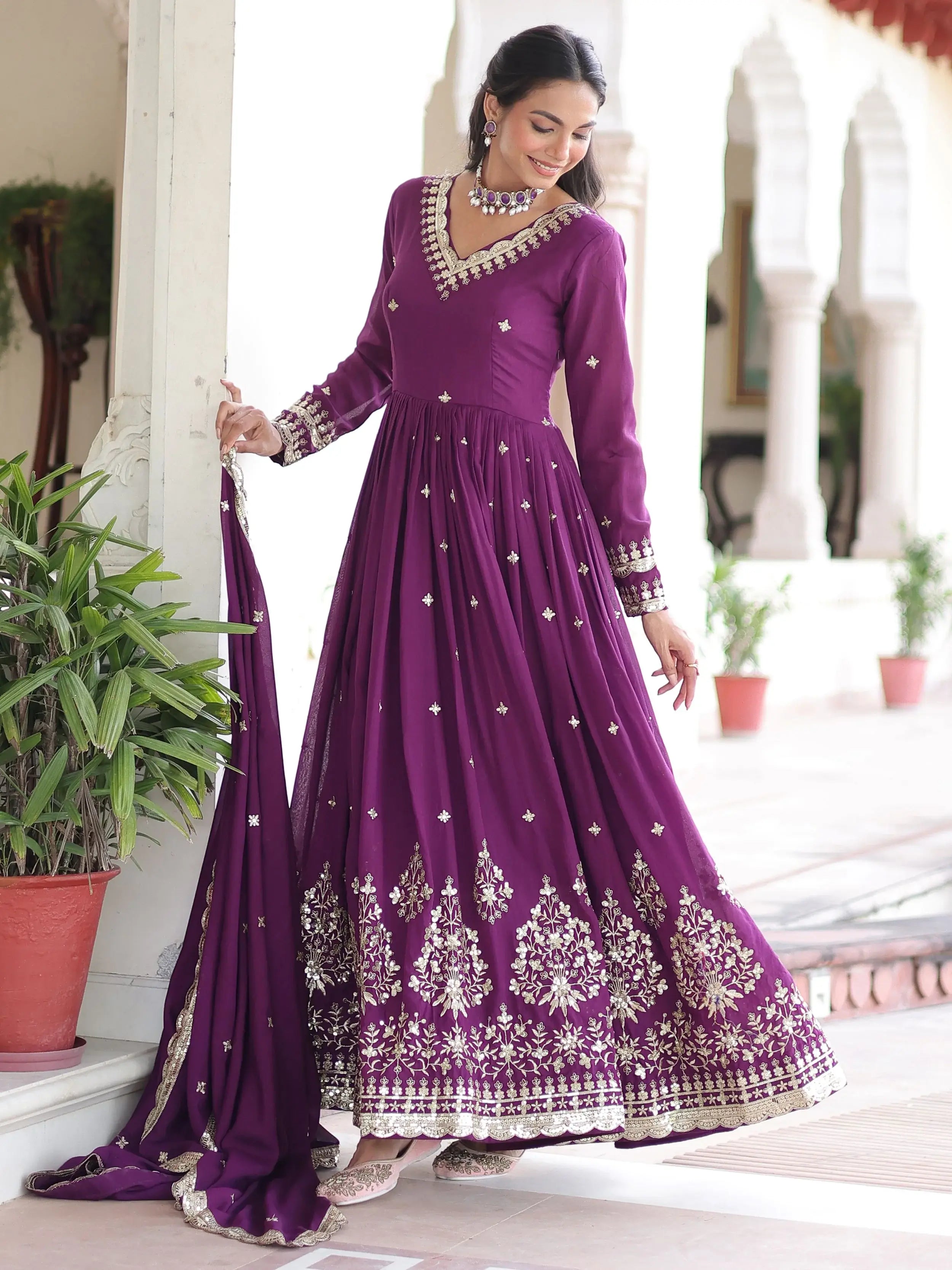 Elegant Purple Embroidered Silk Wedding Wear Gown With Dupatta