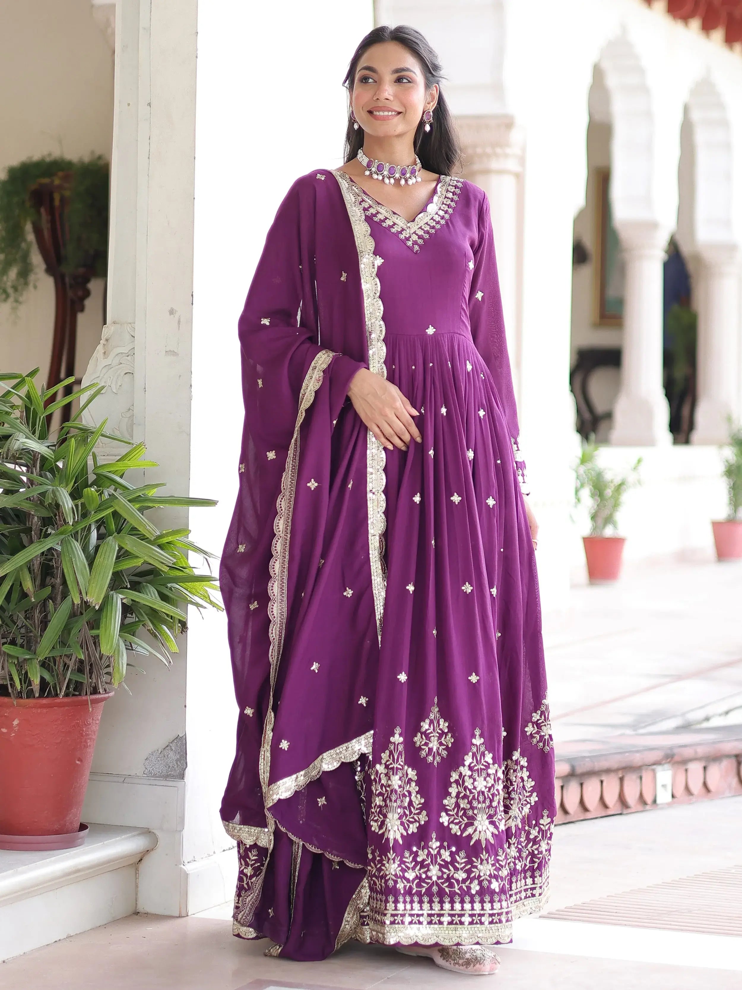 Elegant Purple Embroidered Silk Wedding Wear Gown With Dupatta
