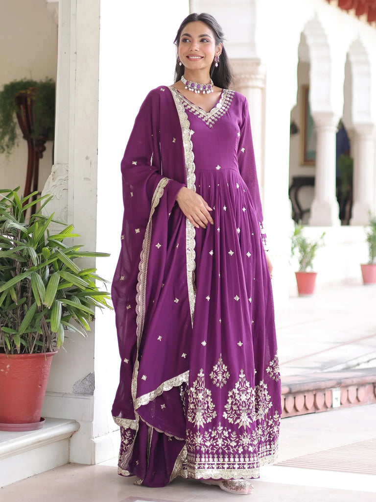 Elegant Purple Embroidered Silk Wedding Wear Gown With Dupatta
