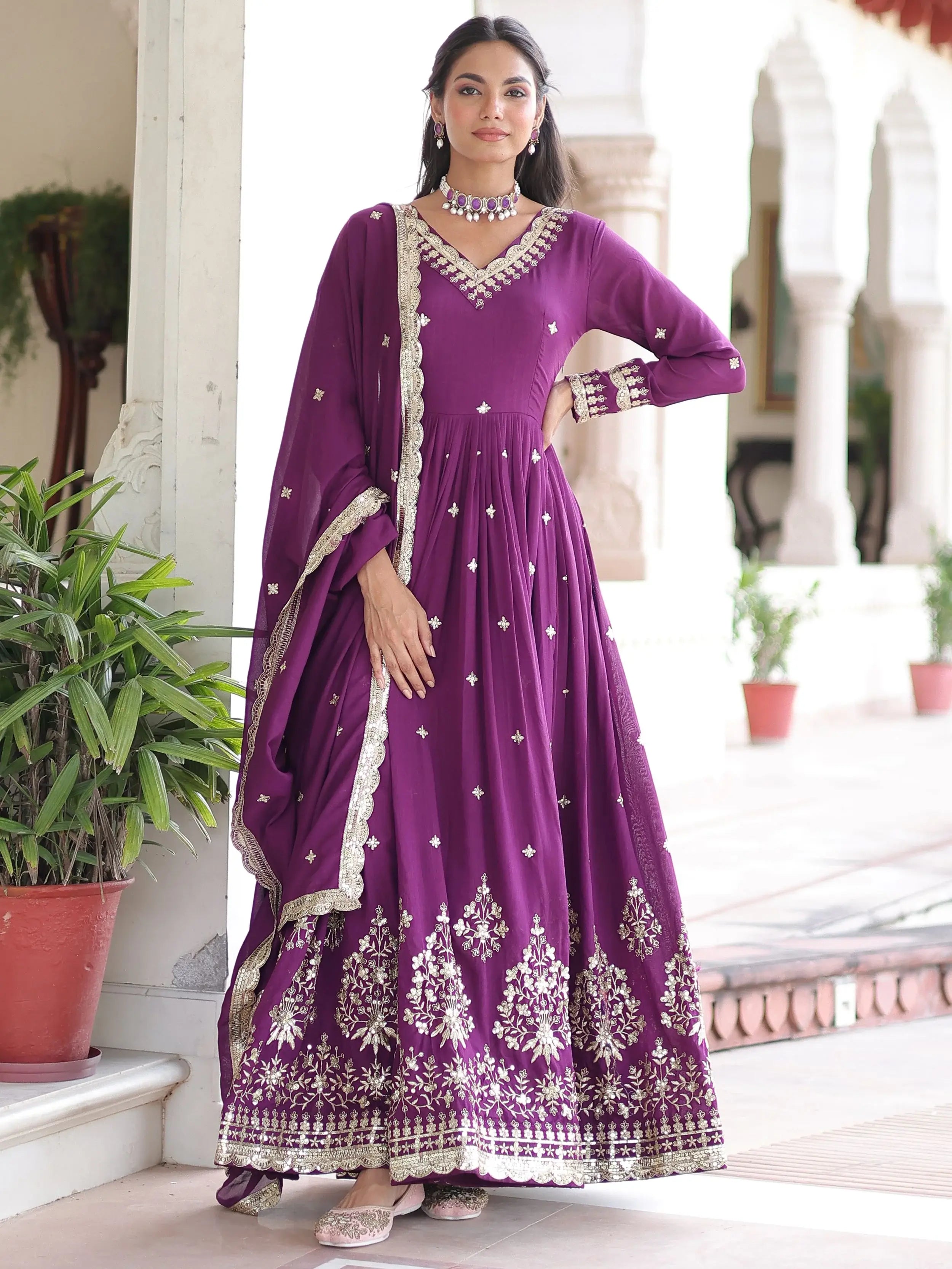 Elegant Purple Embroidered Silk Wedding Wear Gown With Dupatta