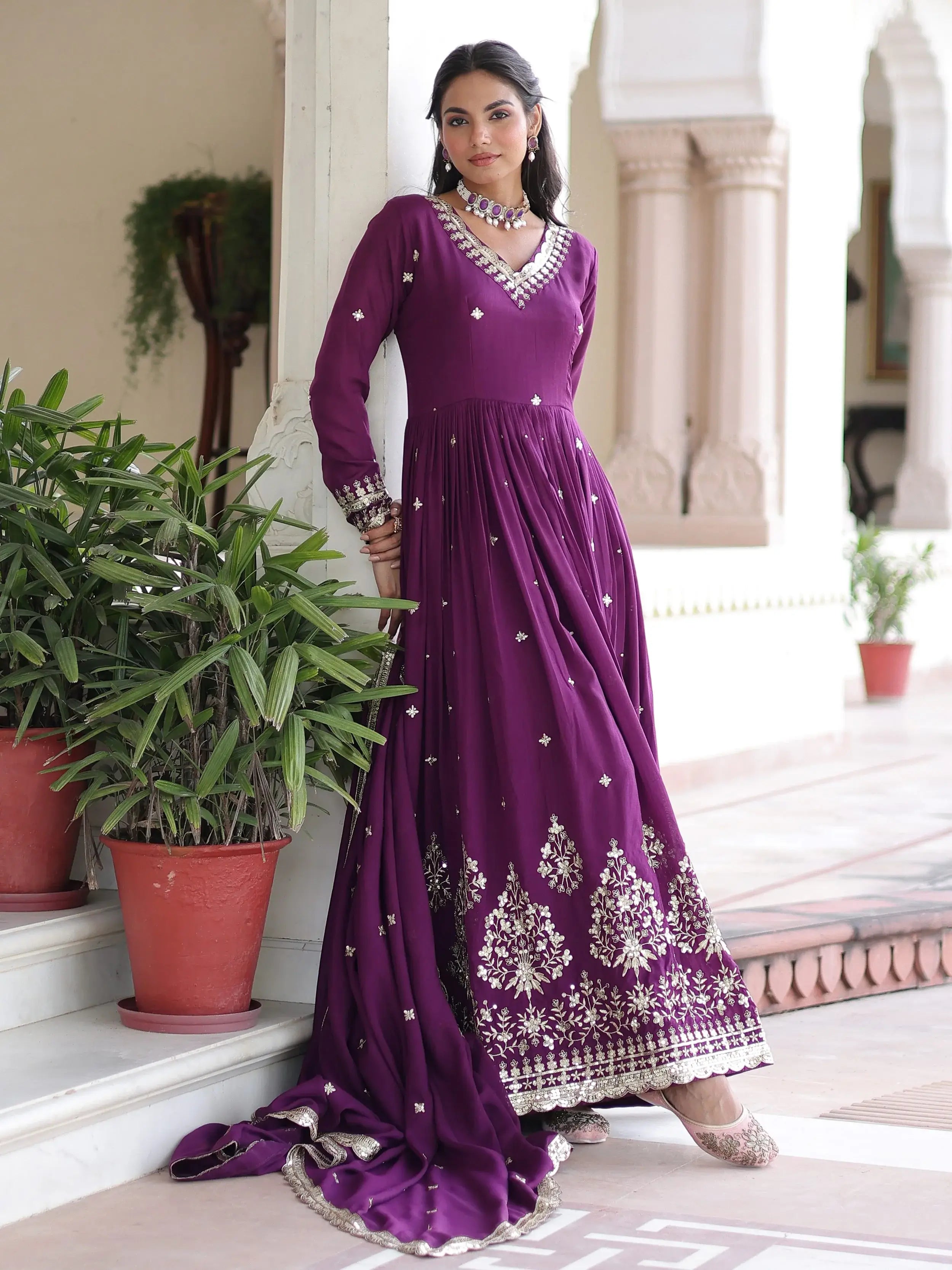 Elegant Purple Embroidered Silk Wedding Wear Gown With Dupatta