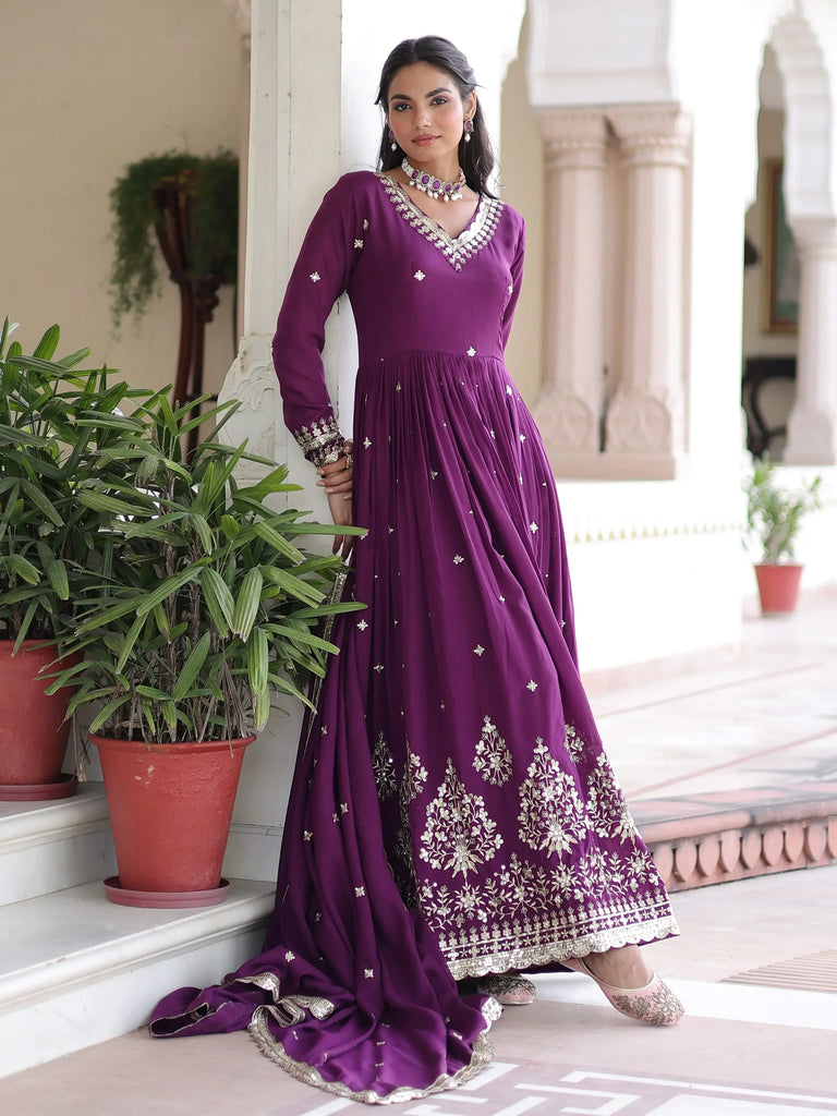 Elegant Purple Embroidered Silk Wedding Wear Gown With Dupatta