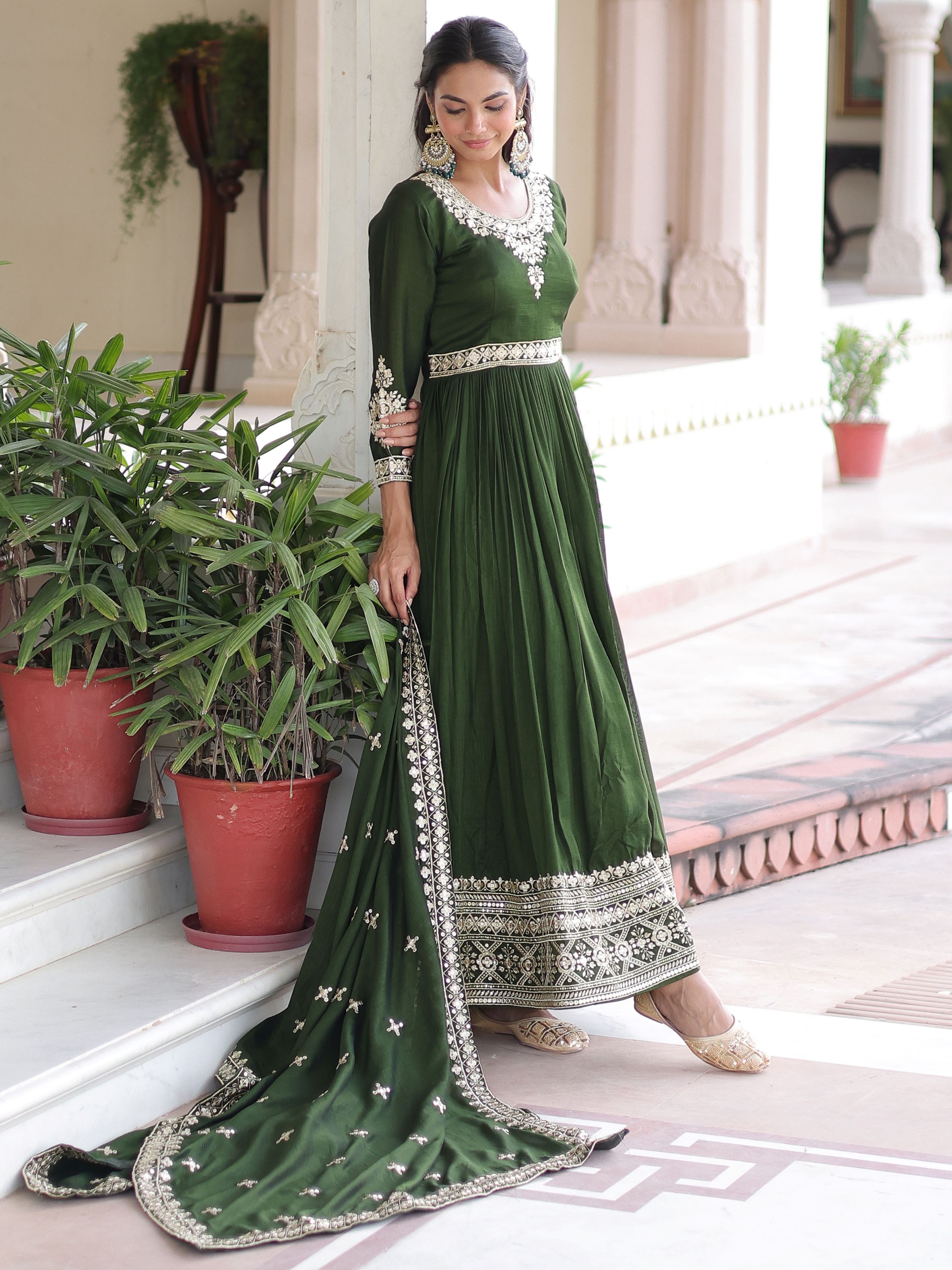 Fantastic Green Embroidered Silk Festive Wear Gown With Dupatta