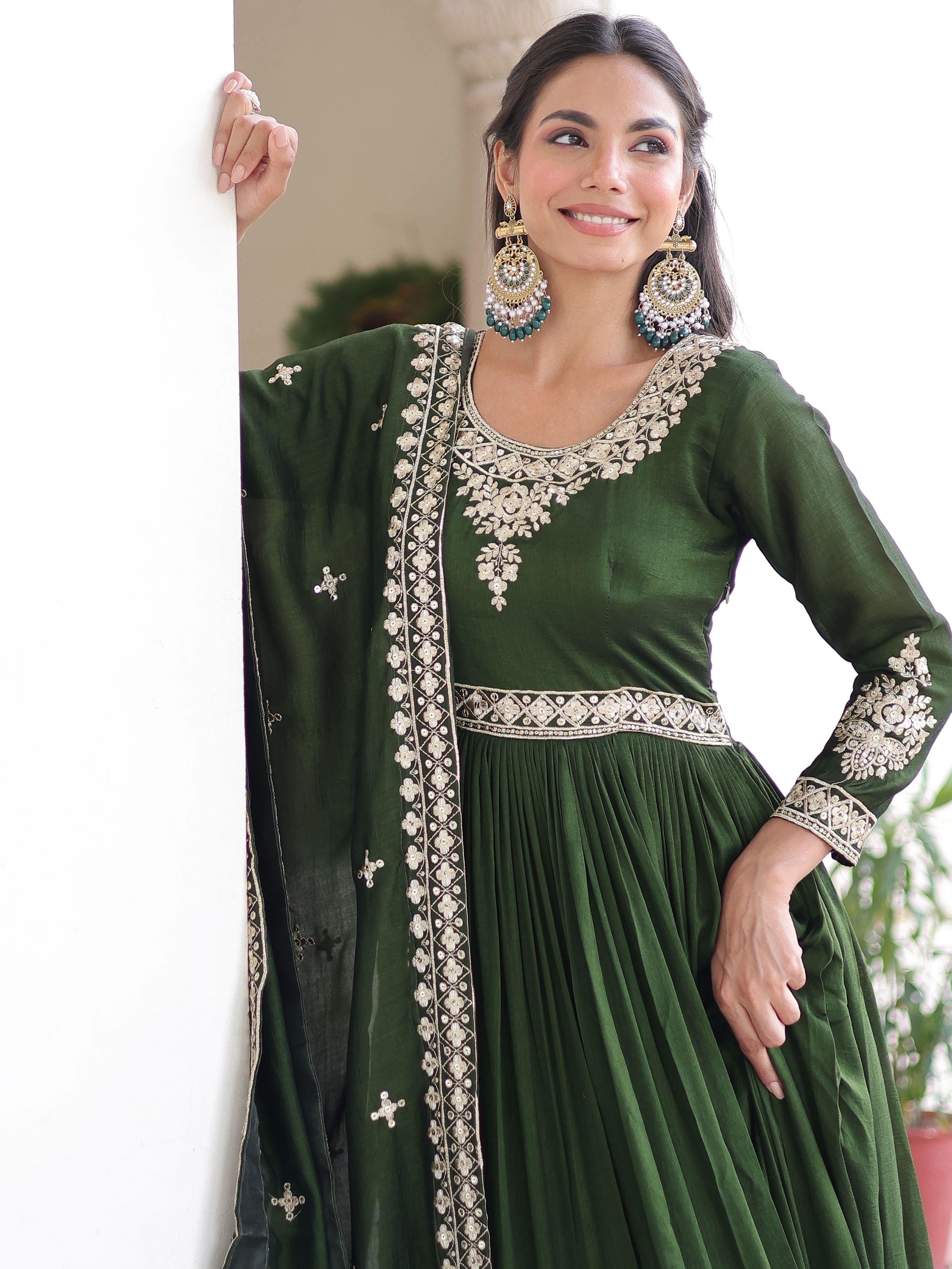 Fantastic Green Embroidered Silk Festive Wear Gown With Dupatta