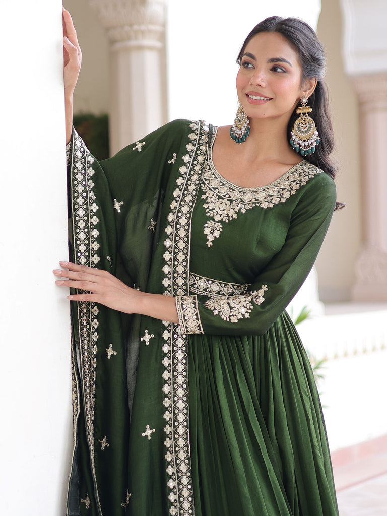 Fantastic Green Embroidered Silk Festive Wear Gown With Dupatta