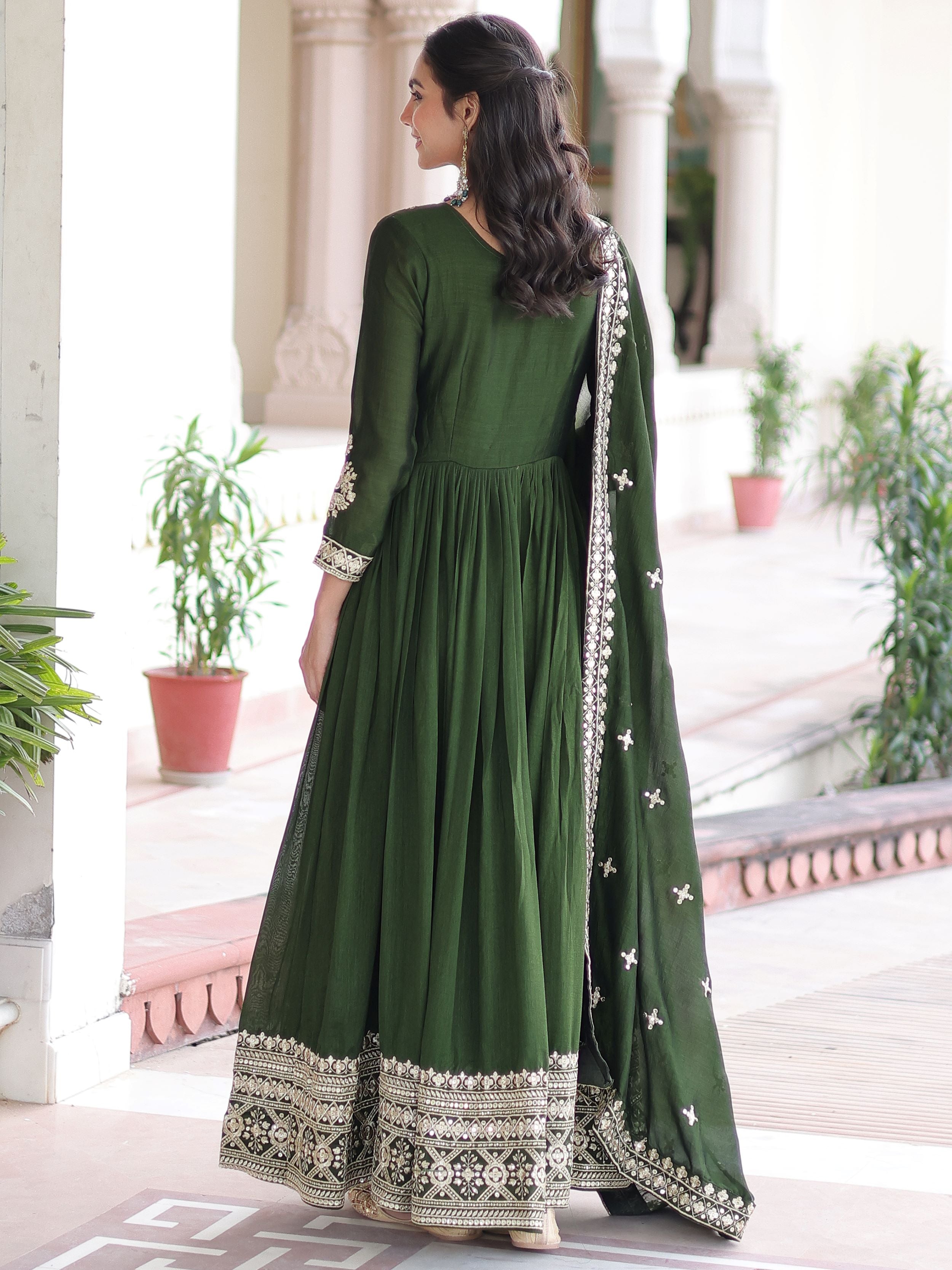 Fantastic Green Embroidered Silk Festive Wear Gown With Dupatta