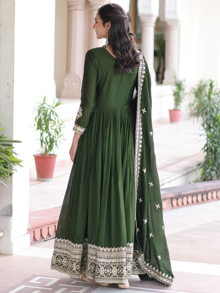 Fantastic Green Embroidered Silk Festive Wear Gown With Dupatta