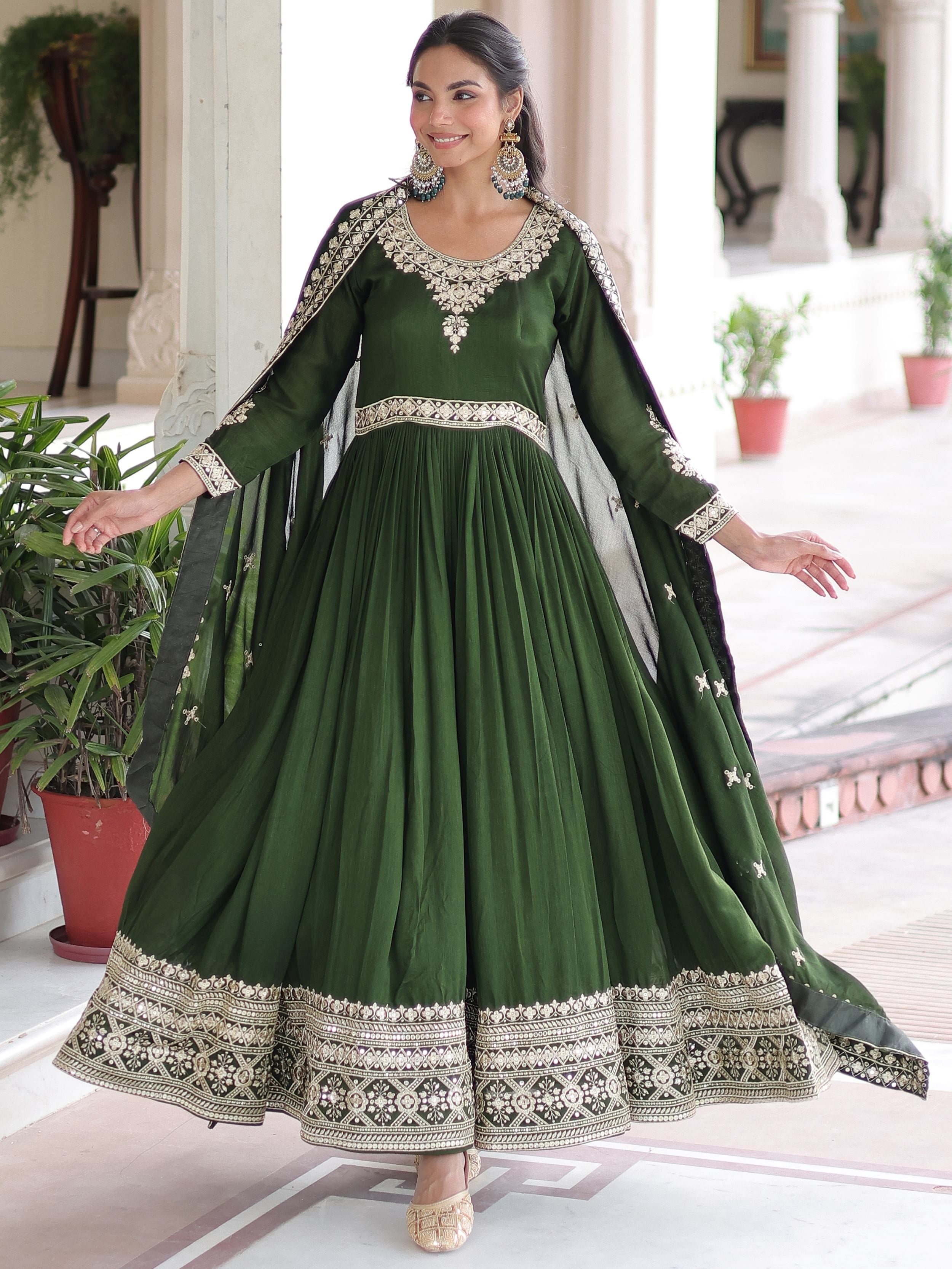Fantastic Green Embroidered Silk Festive Wear Gown With Dupatta