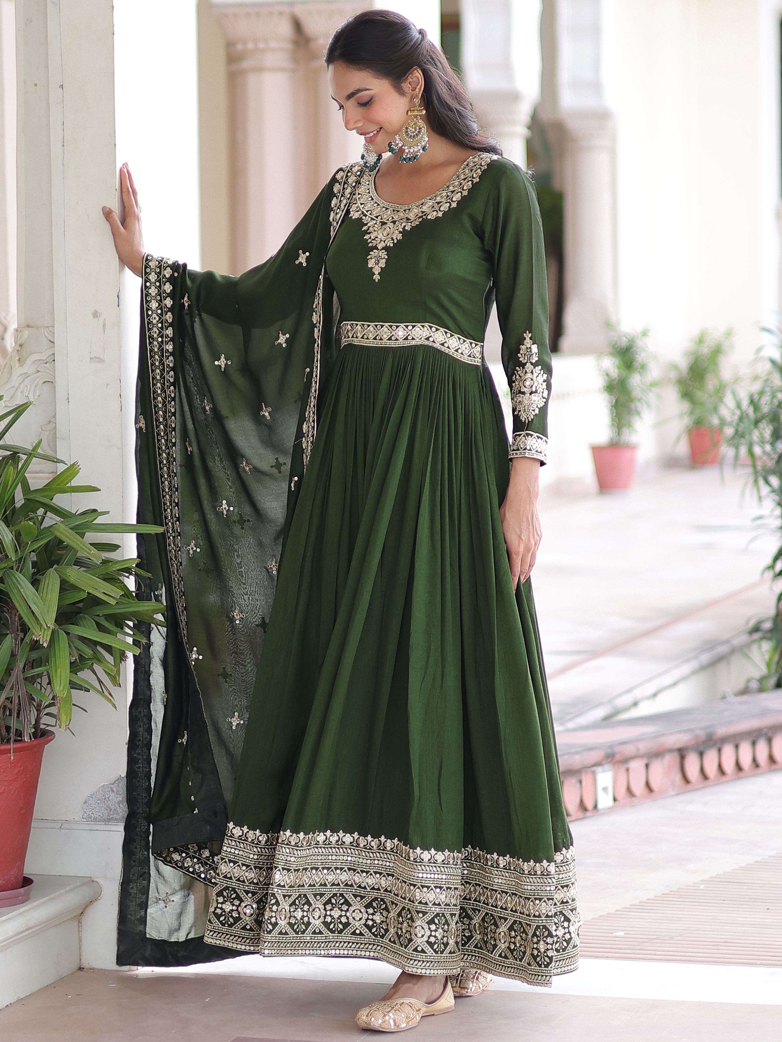 Fantastic Green Embroidered Silk Festive Wear Gown With Dupatta
