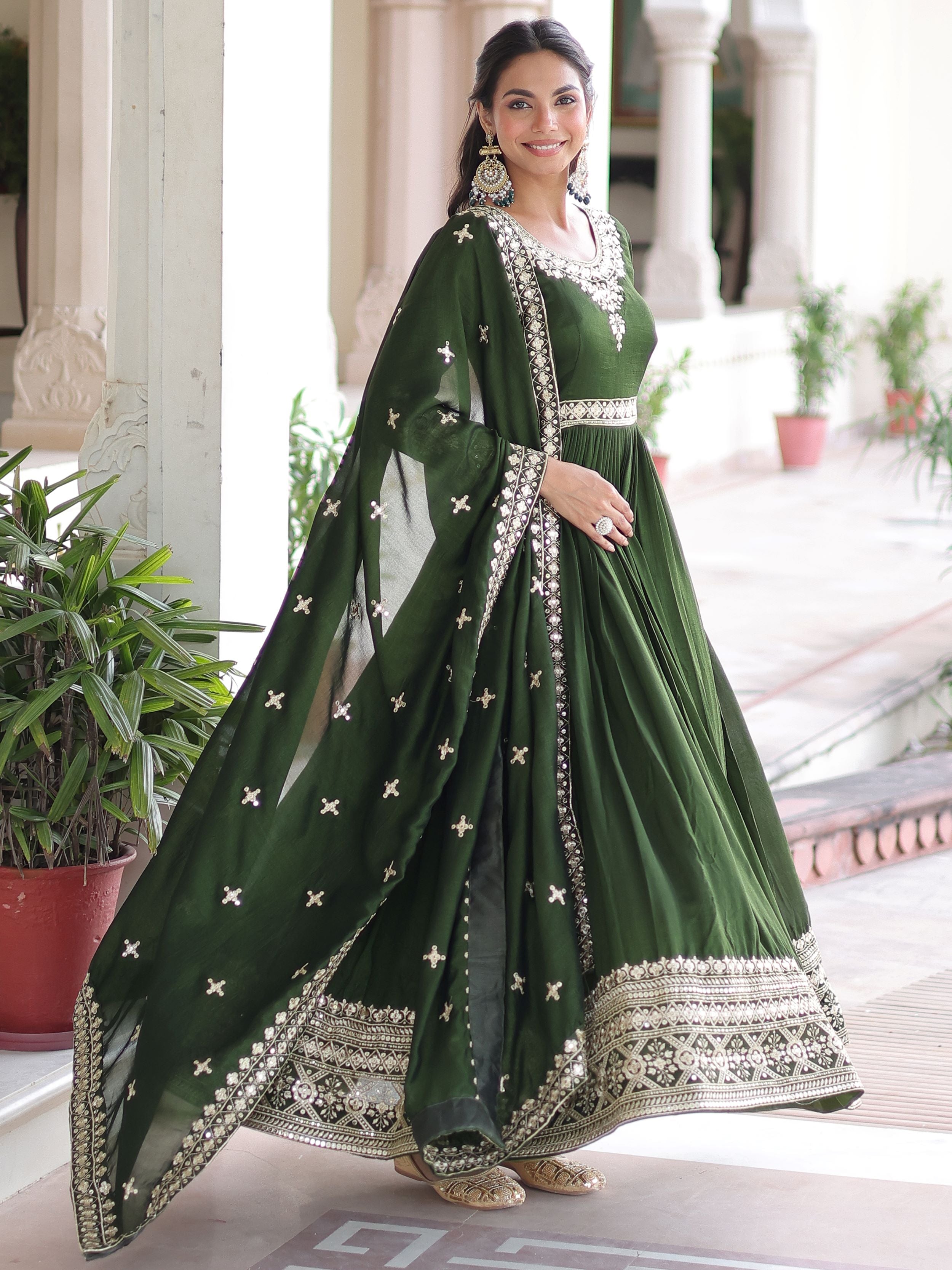 Fantastic Green Embroidered Silk Festive Wear Gown With Dupatta