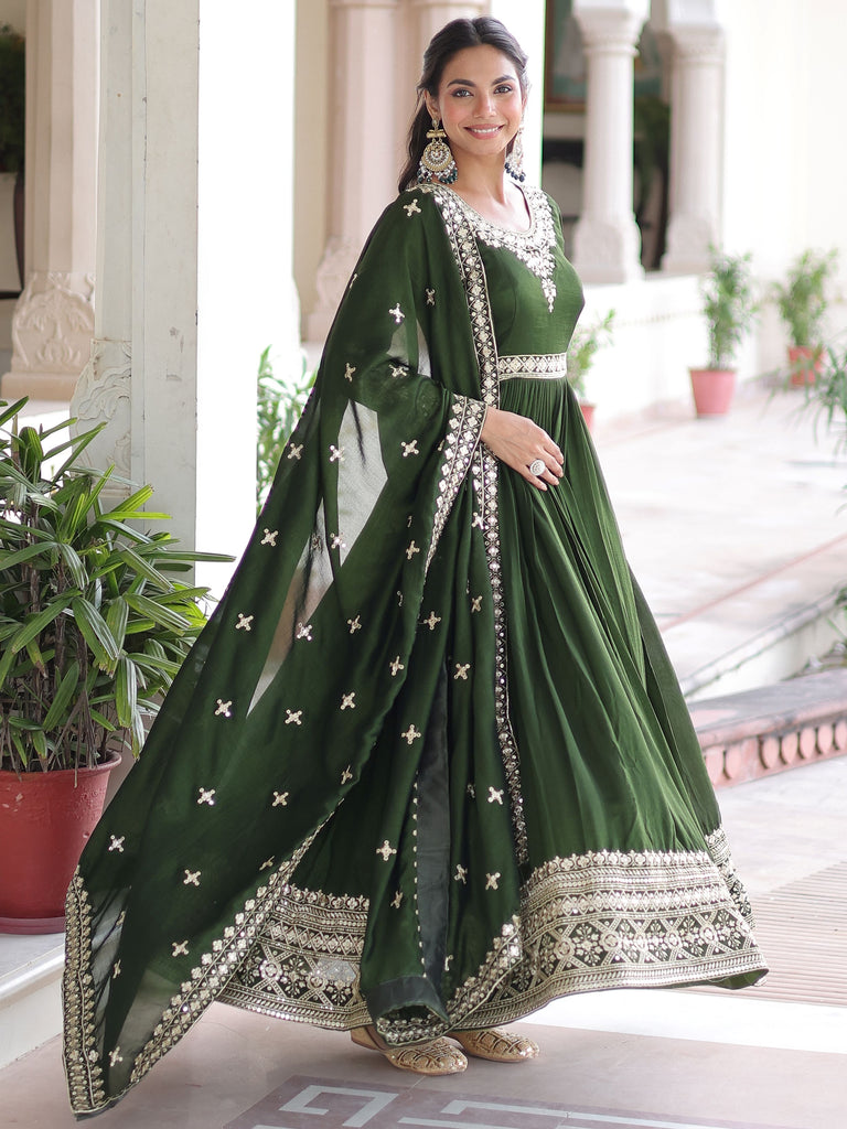 Fantastic Green Embroidered Silk Festive Wear Gown With Dupatta