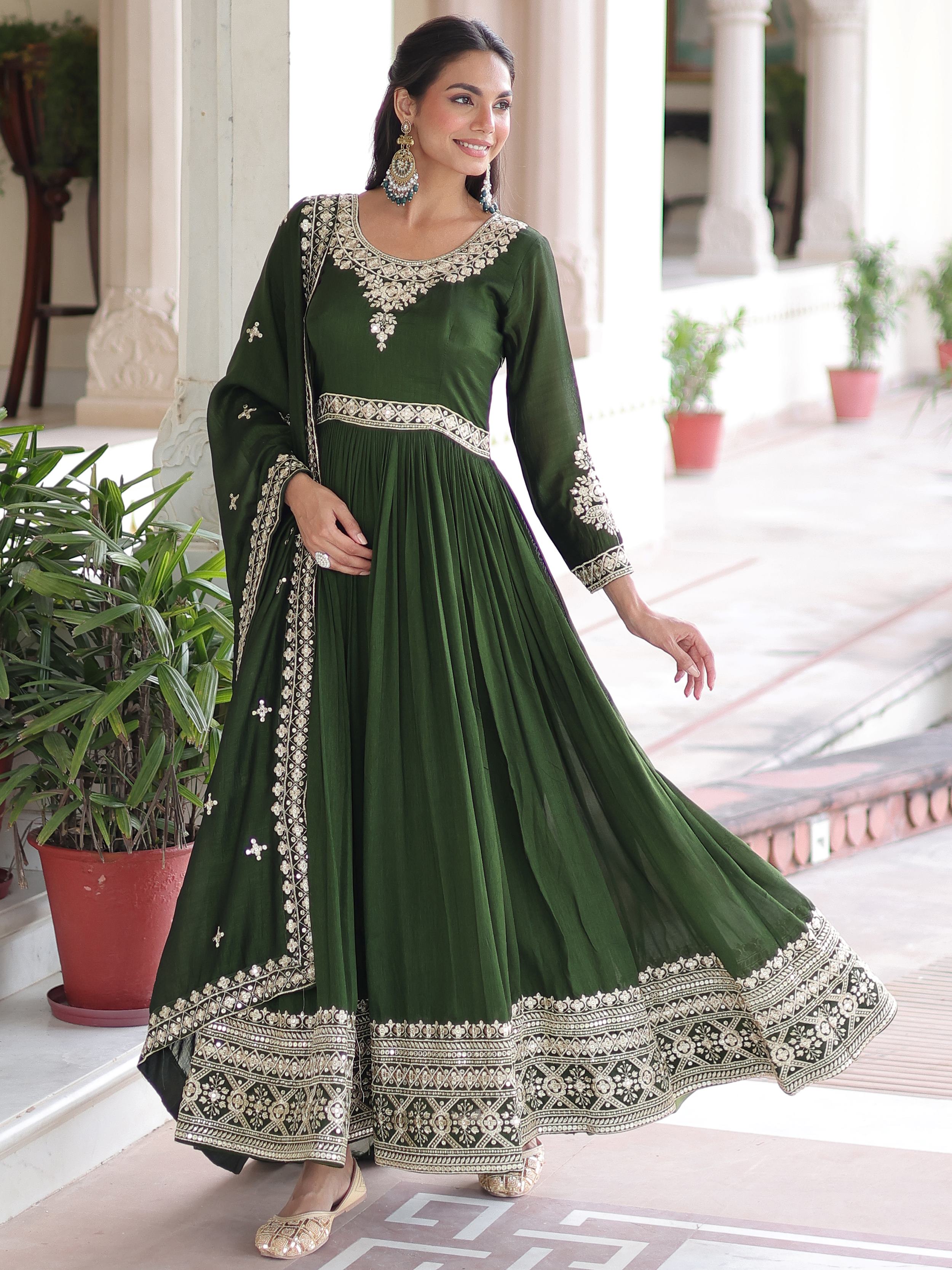 Fantastic Green Embroidered Silk Festive Wear Gown With Dupatta