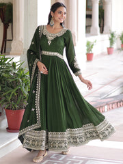 Fantastic Green Embroidered Silk Festive Wear Gown With Dupatta