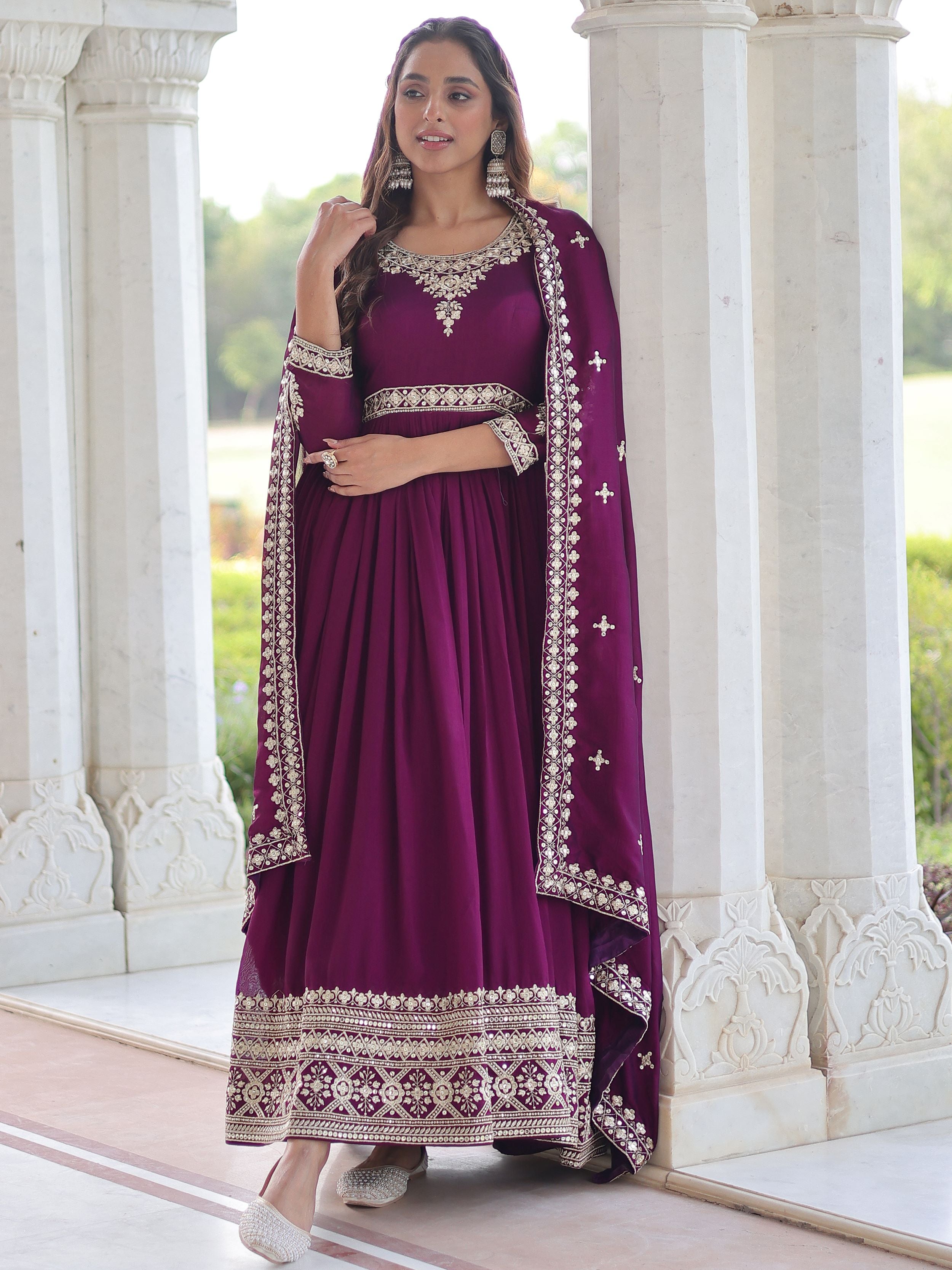Fabulous Purple Embroidered Silk Wedding Wear Gown With Dupatta 