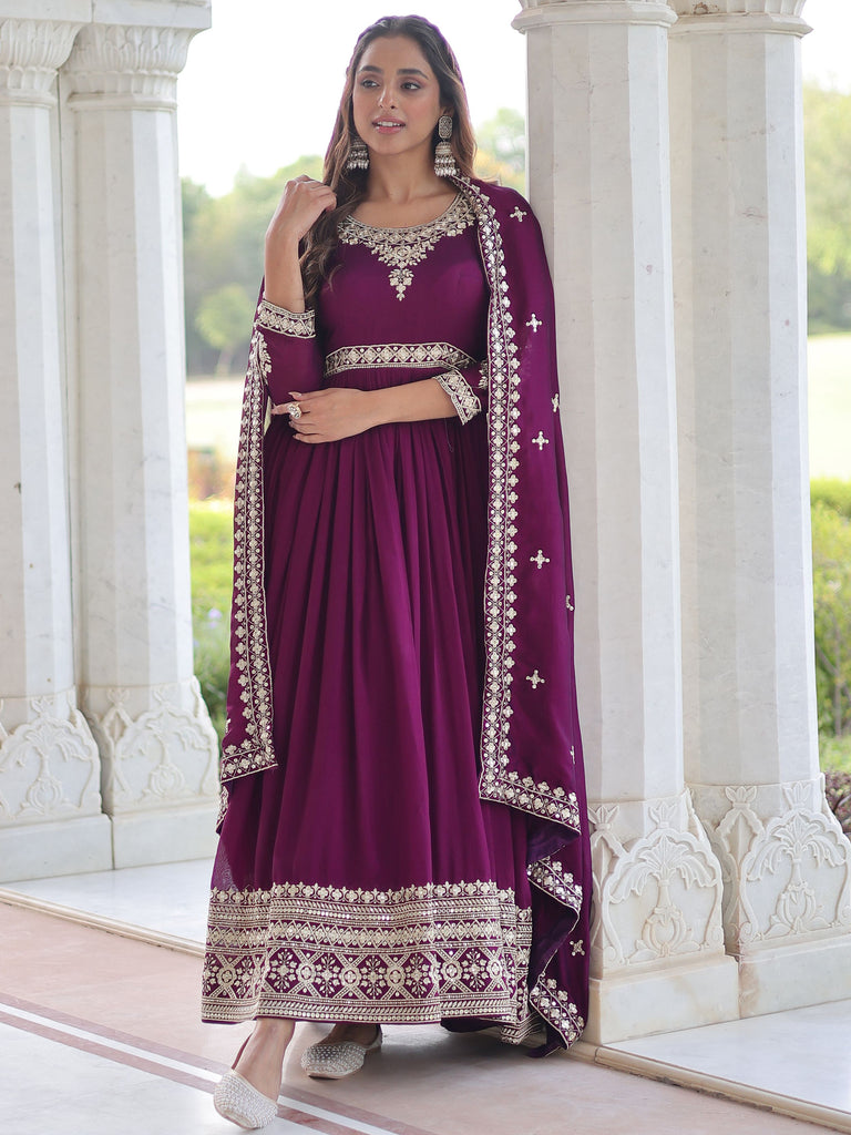 Fabulous Purple Embroidered Silk Wedding Wear Gown With Dupatta 
