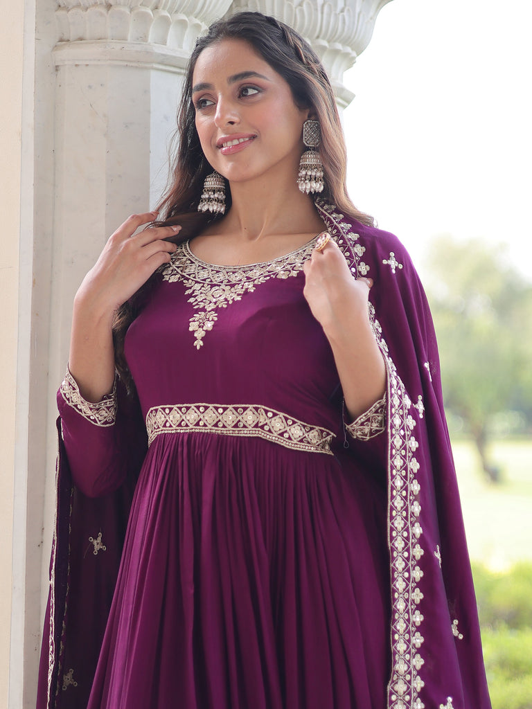 Fabulous Purple Embroidered Silk Wedding Wear Gown With Dupatta 