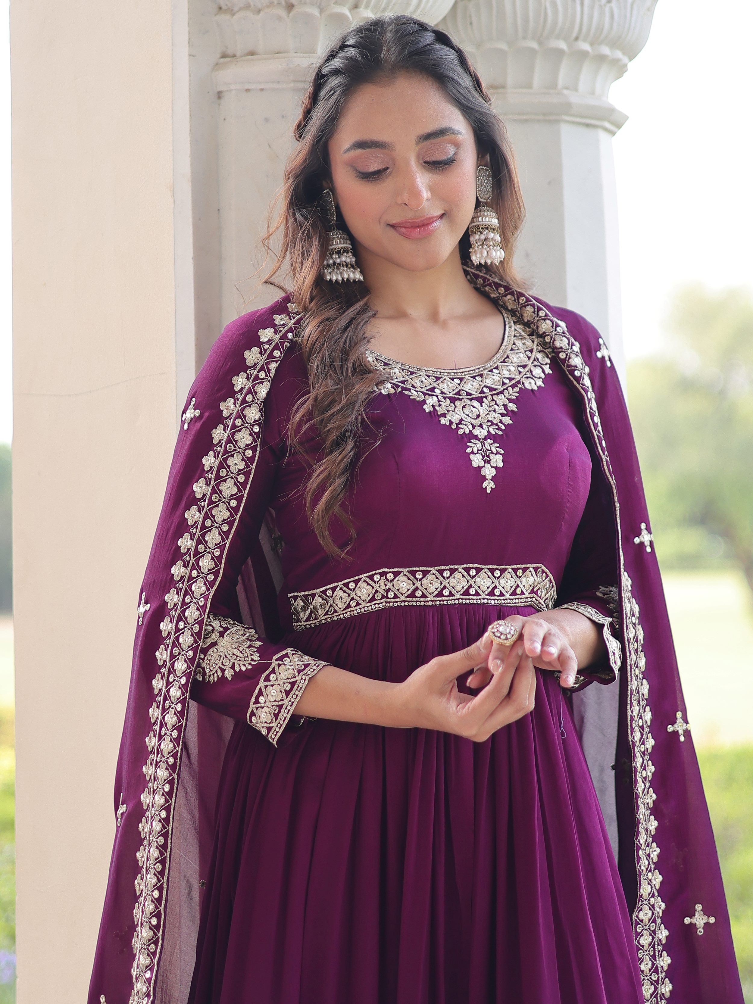 Fabulous Purple Embroidered Silk Wedding Wear Gown With Dupatta 