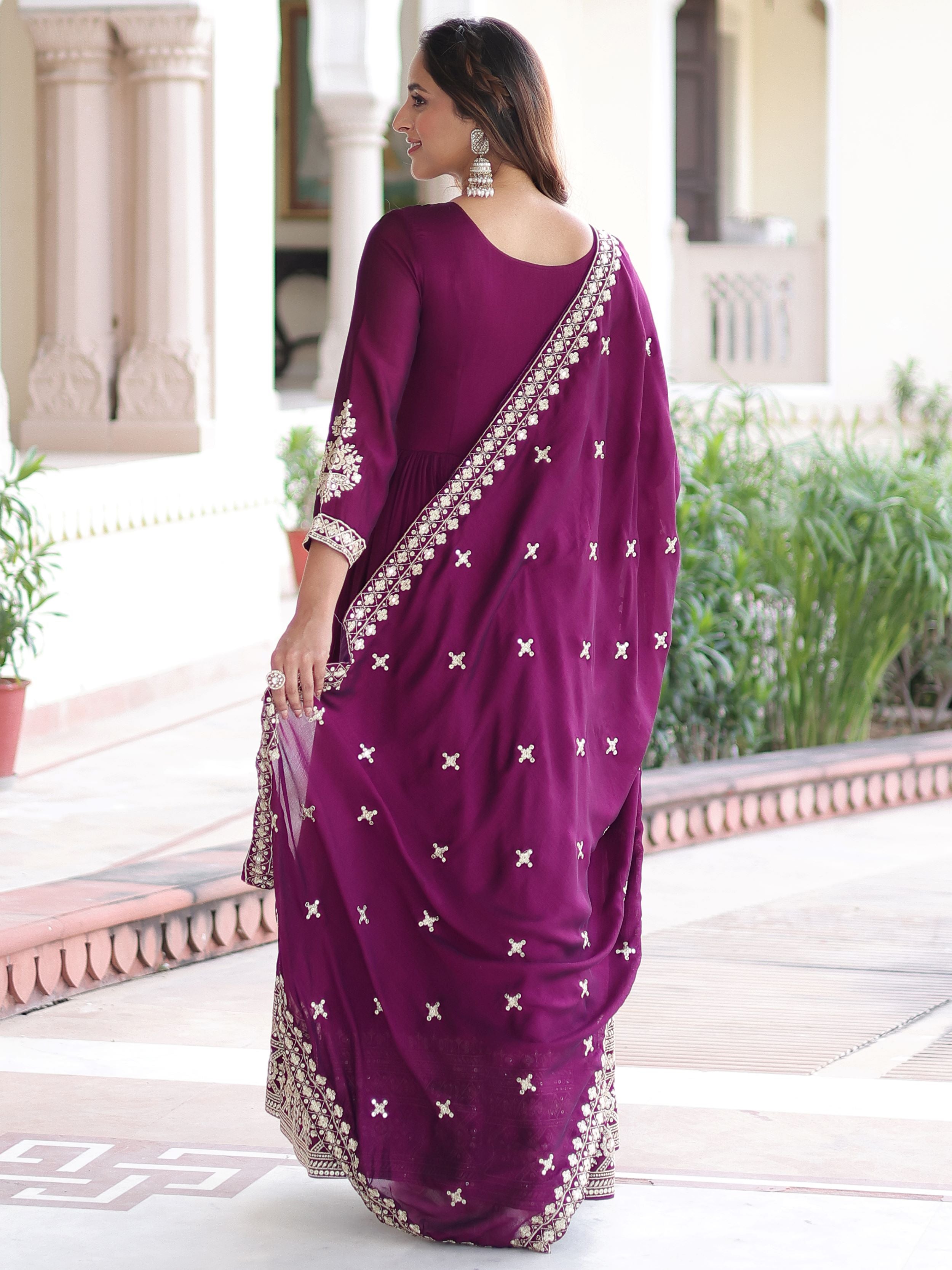 Fabulous Purple Embroidered Silk Wedding Wear Gown With Dupatta 