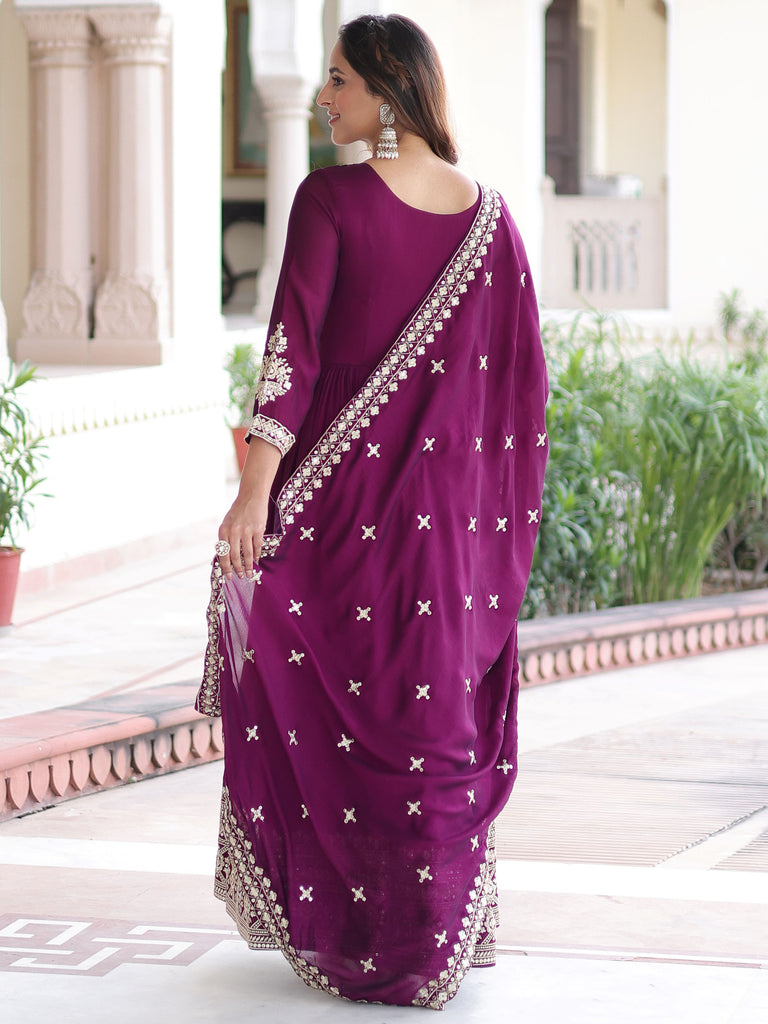 Fabulous Purple Embroidered Silk Wedding Wear Gown With Dupatta 