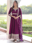 Fabulous Purple Embroidered Silk Wedding Wear Gown With Dupatta 