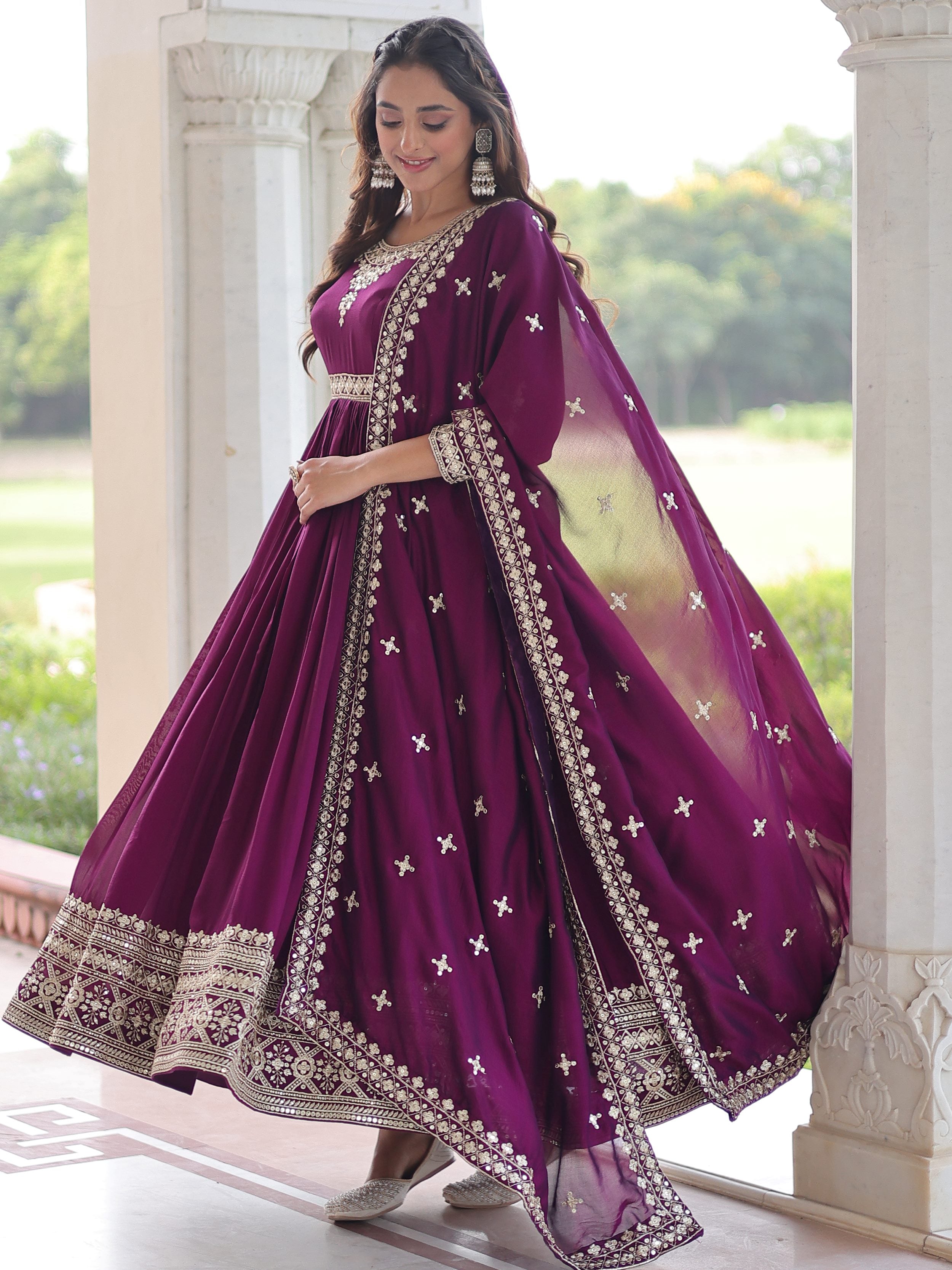 Fabulous Purple Embroidered Silk Wedding Wear Gown With Dupatta 
