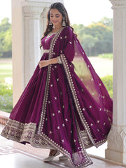 Fabulous Purple Embroidered Silk Wedding Wear Gown With Dupatta 