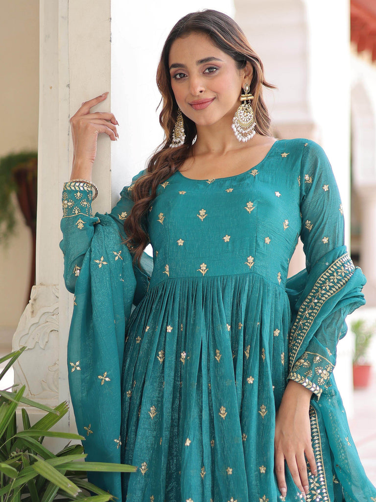 Enchanting Green Embroidered Silk Function Wear Gown With Dupatta
