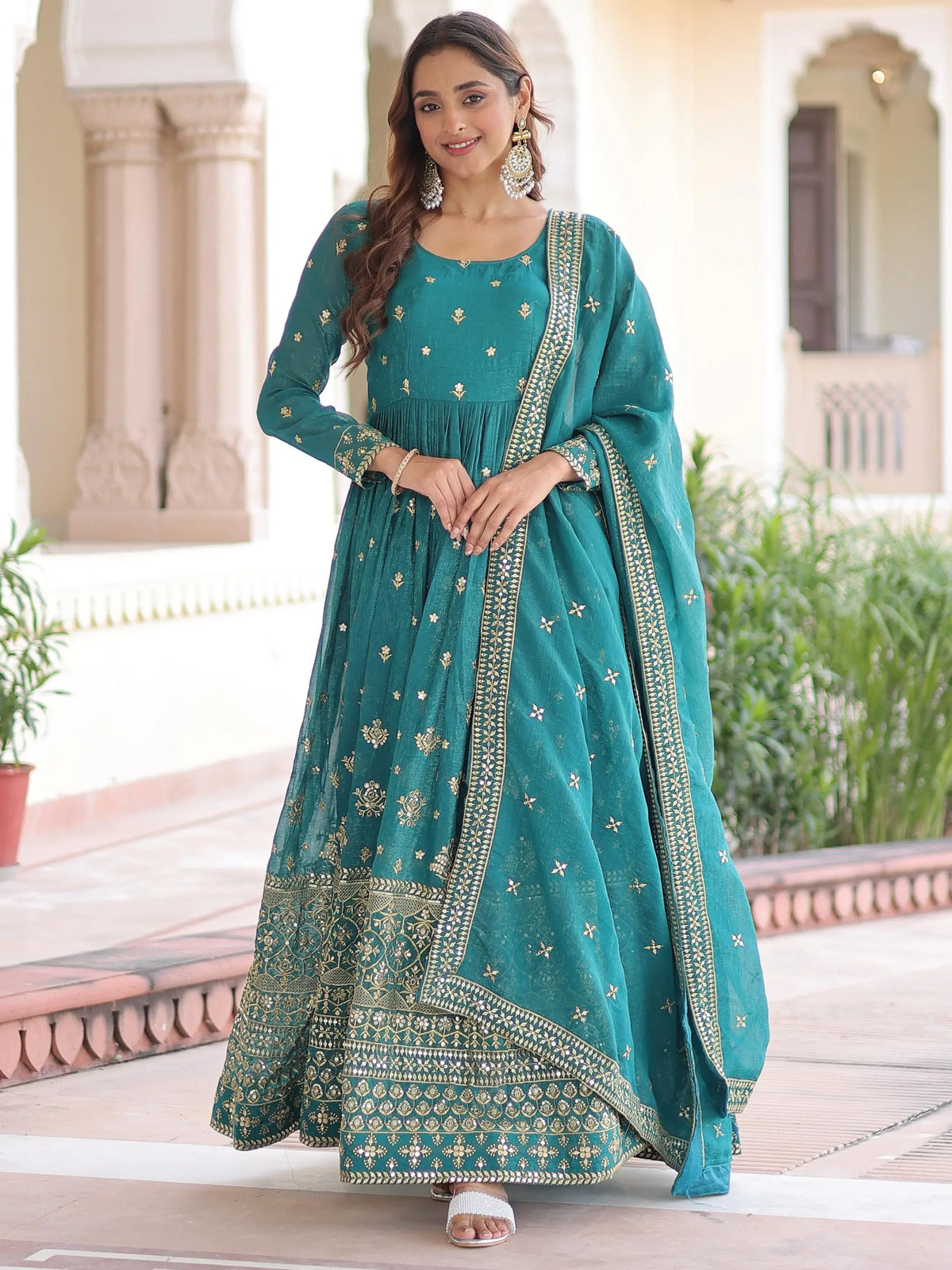 Enchanting Green Embroidered Silk Function Wear Gown With Dupatta