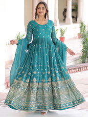 Enchanting Green Embroidered Silk Function Wear Gown With Dupatta