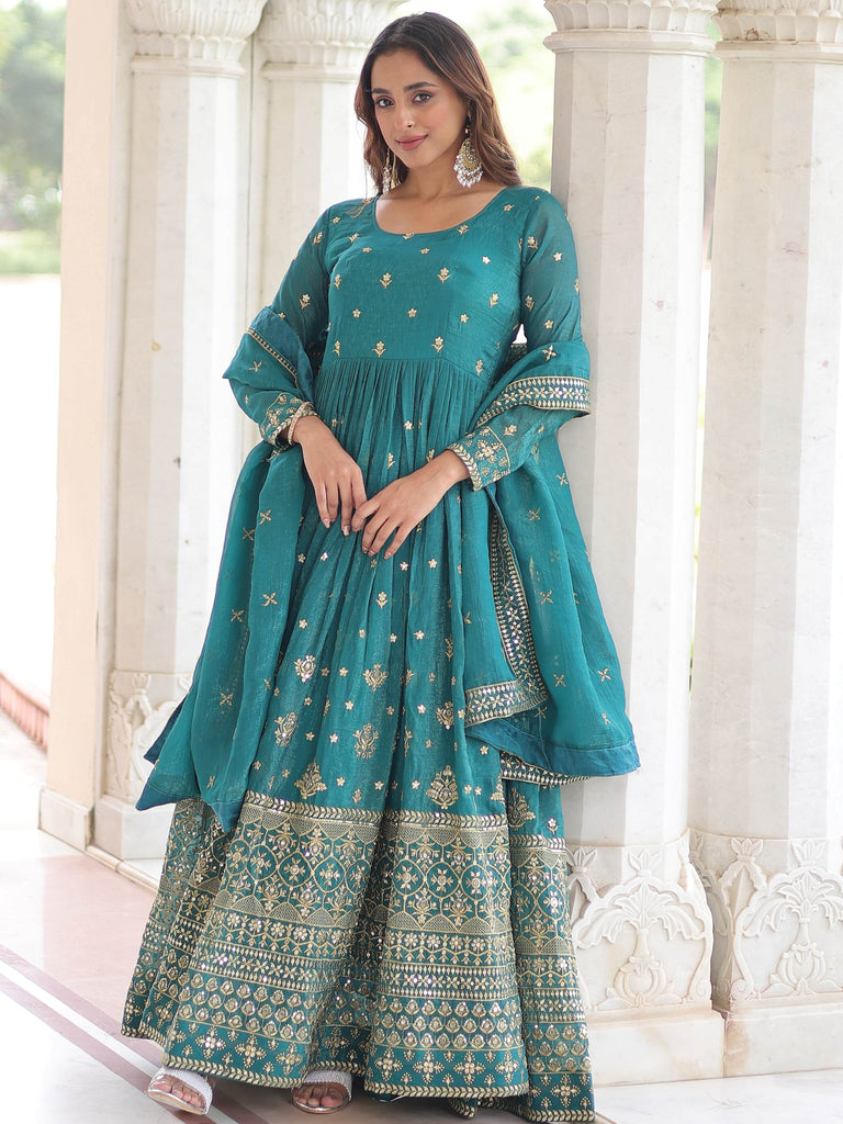 Enchanting Green Embroidered Silk Function Wear Gown With Dupatta